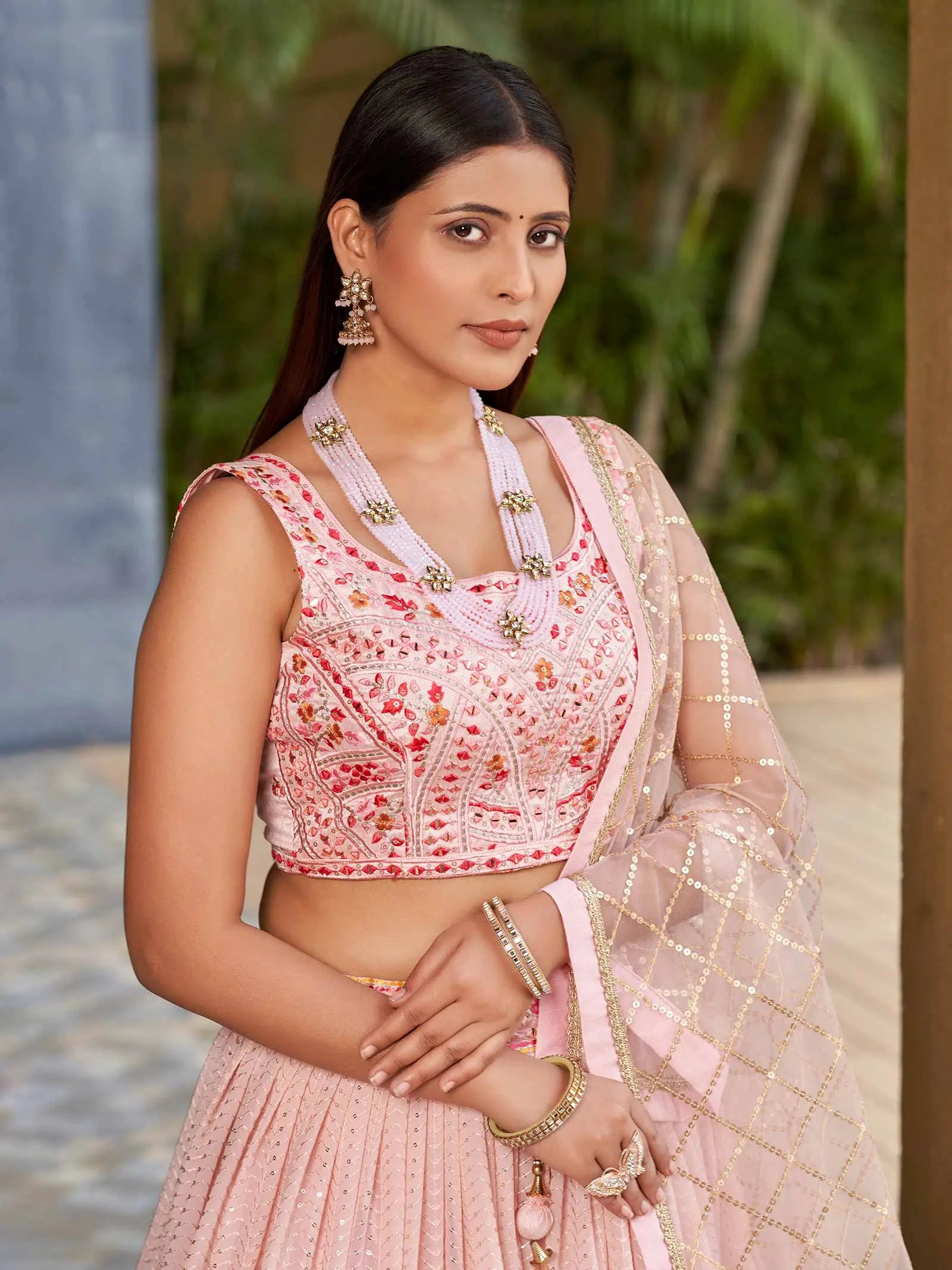 Light Pink Georgette Lehenga With Multi Color Thread And Sequins Zari Embroidery With Real Mirror Work