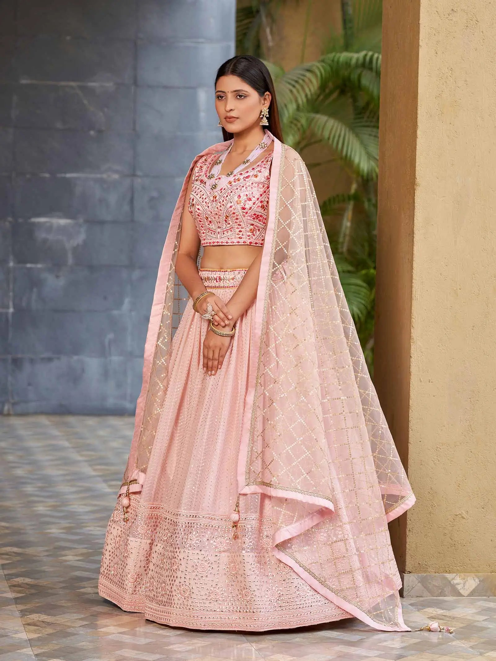 Light Pink Georgette Lehenga With Multi Color Thread And Sequins Zari Embroidery With Real Mirror Work