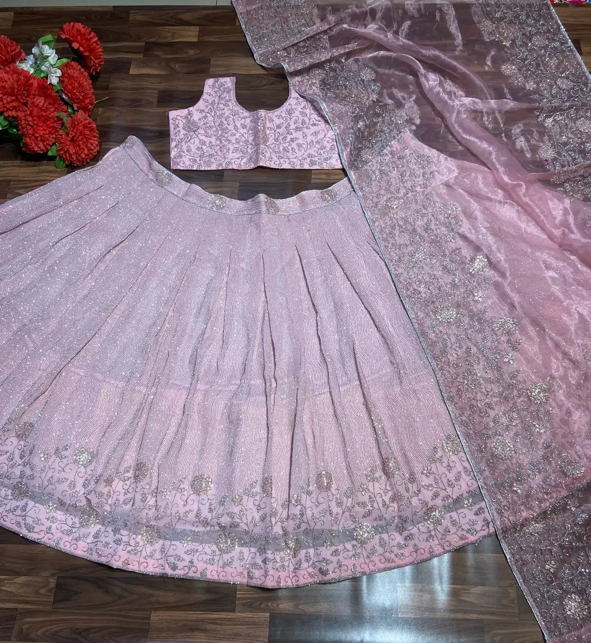Light Pink Shimmer Dori Sequins Embroidery Work Georgette Lehenga Choli