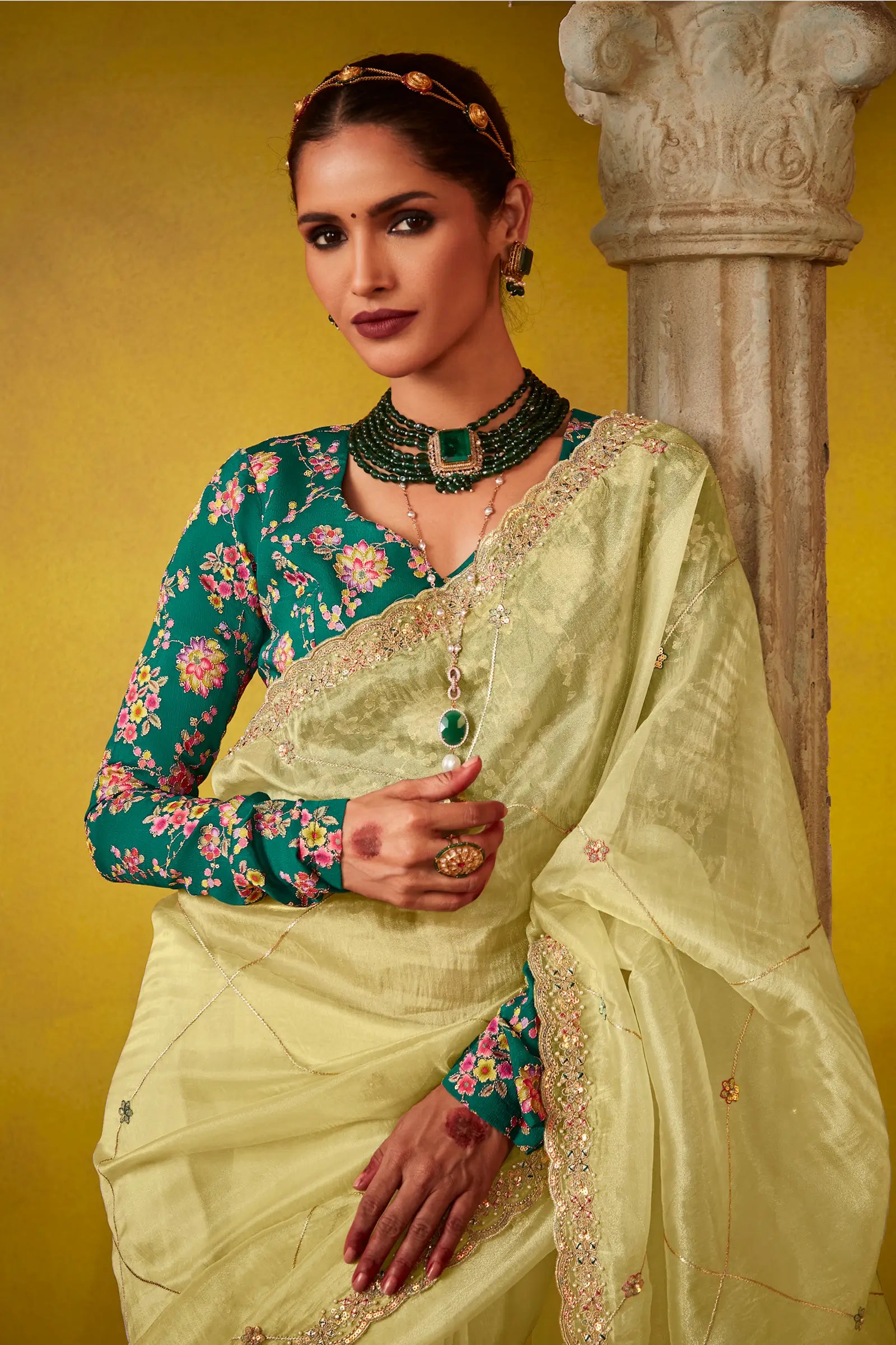Lime Yellow Glass Tissue Saree With Digital Print, Sequence & Thread Embroidery Work