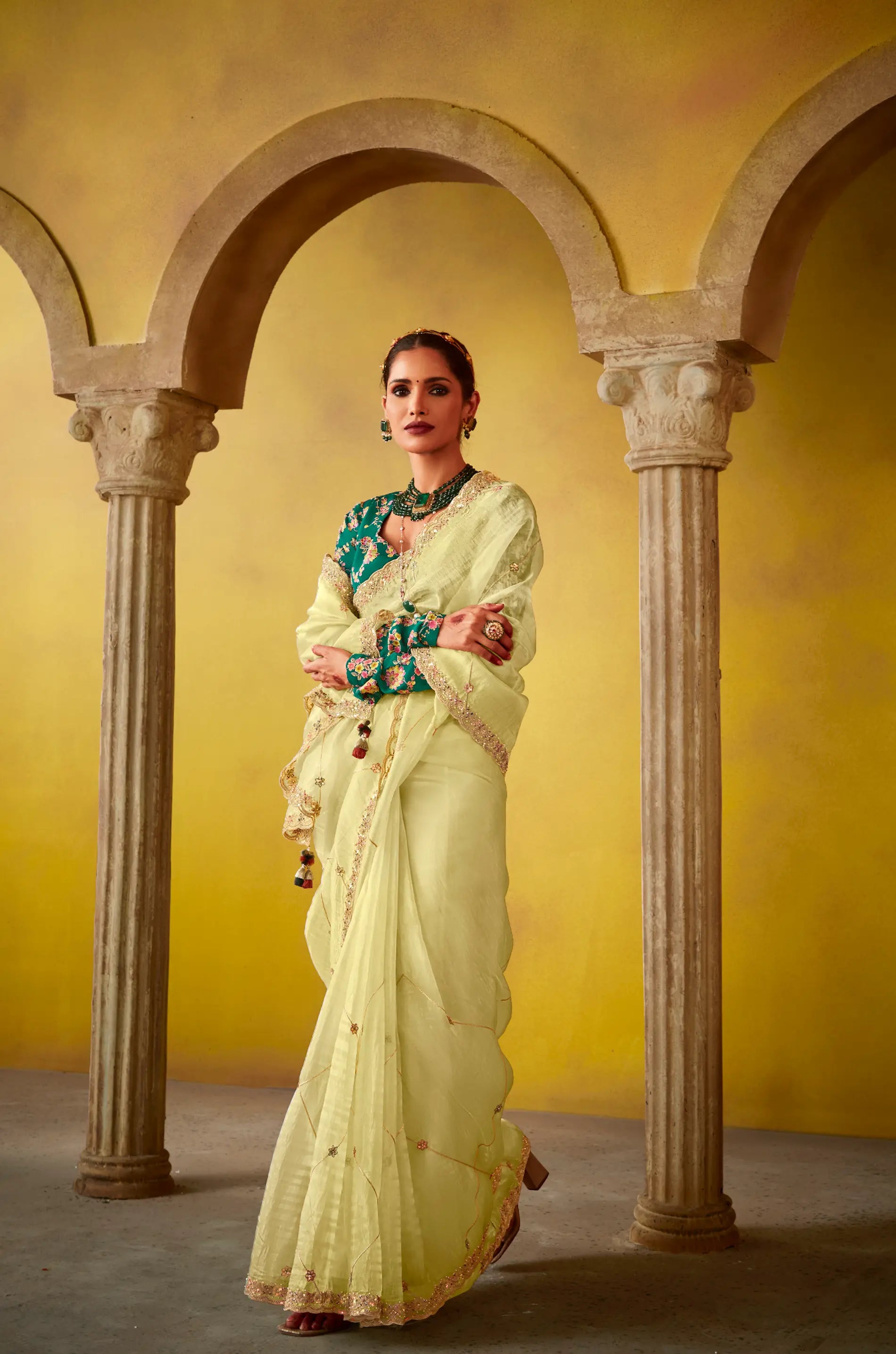 Lime Yellow Glass Tissue Saree With Digital Print, Sequence & Thread Embroidery Work