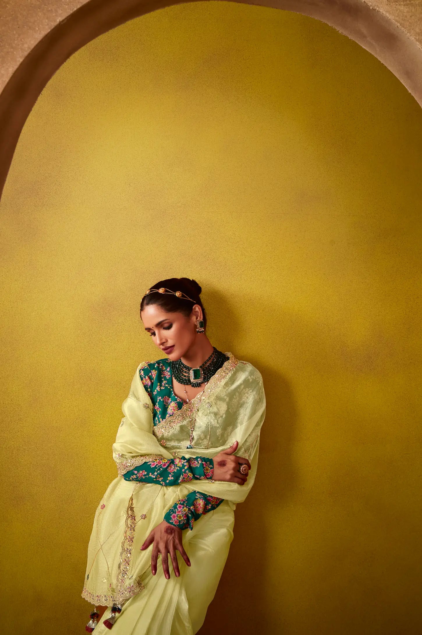 Lime Yellow Glass Tissue Saree With Digital Print, Sequence & Thread Embroidery Work