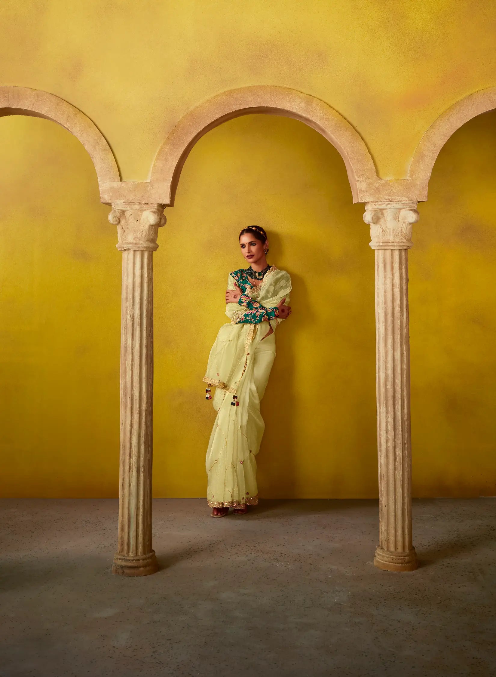 Lime Yellow Glass Tissue Saree With Digital Print, Sequence & Thread Embroidery Work
