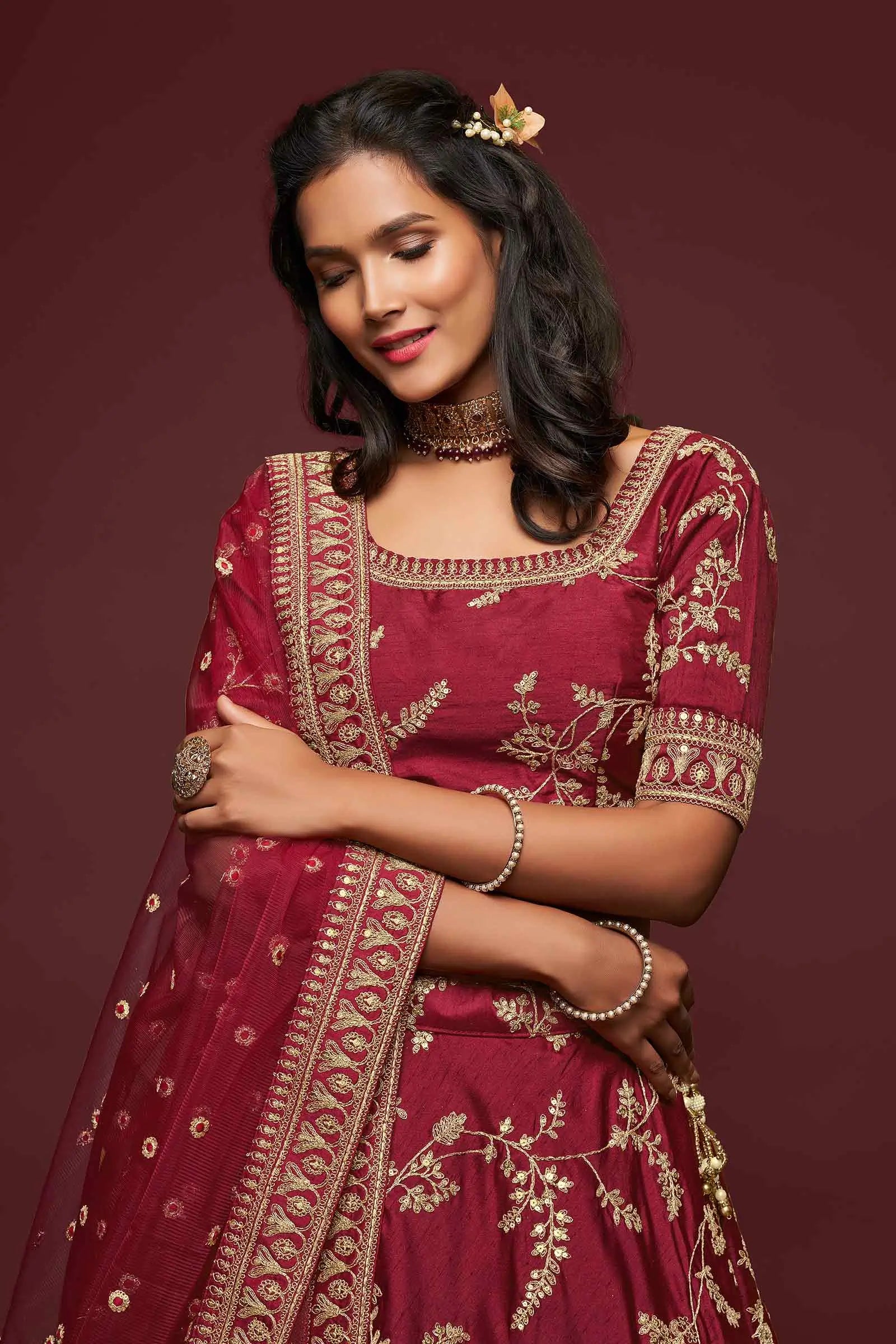 Maroon Silk Lehenga Choli With Thread Zari Dori And Sequins Embroidery Work