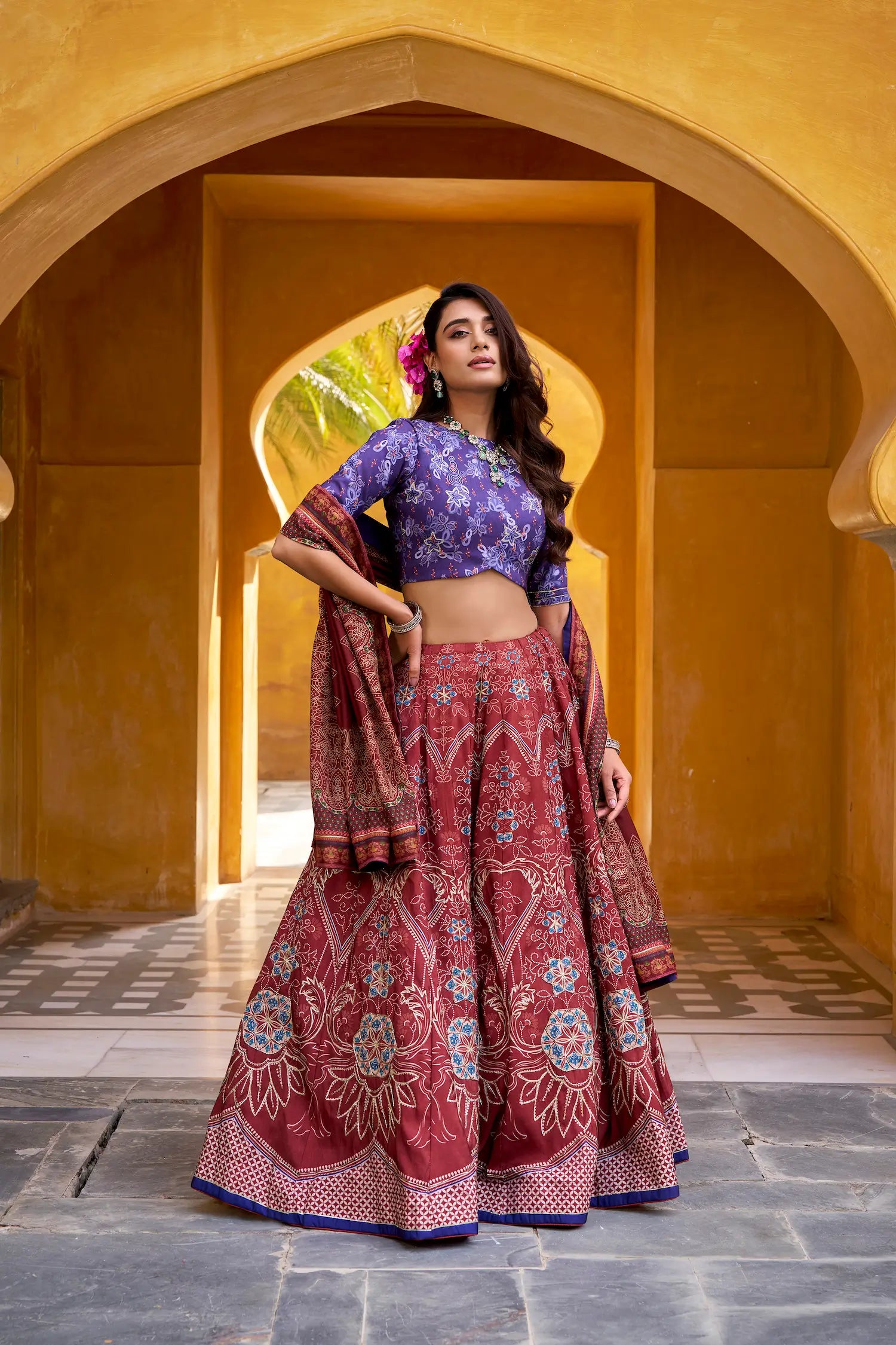 Maroon Silk Printed Lehenga Choli