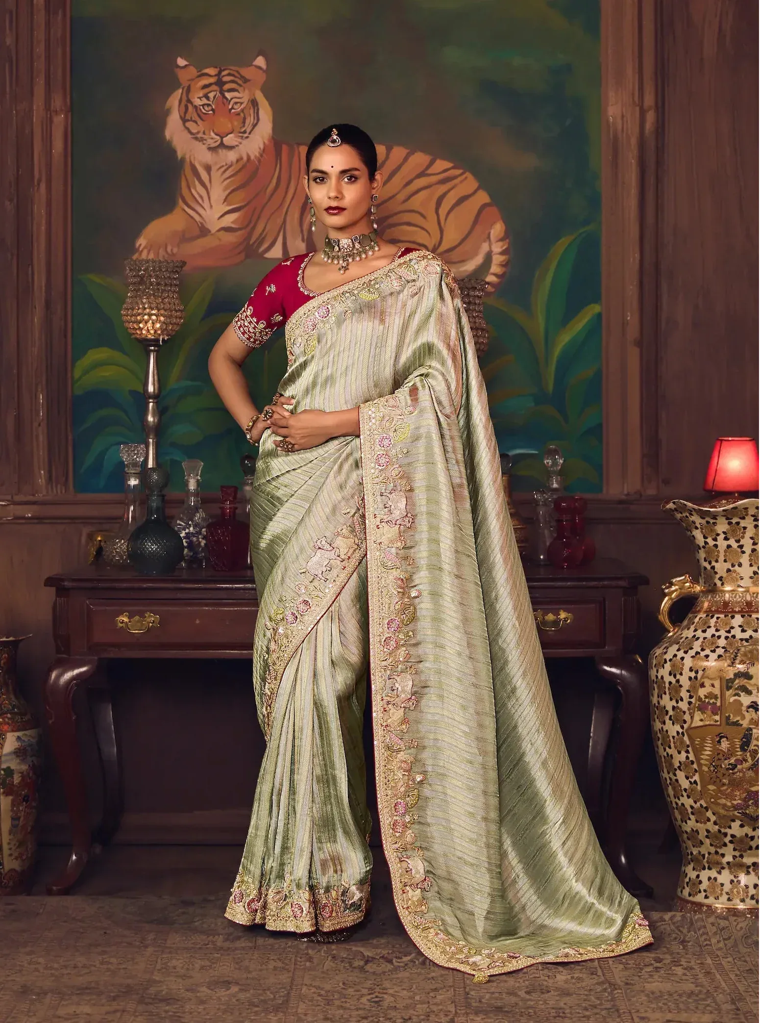 Metalic Gold Heavy Embroidery & Handwork Silk Saree
