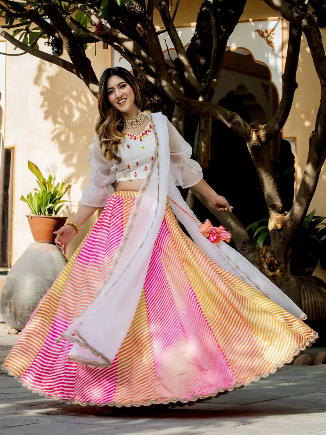 Multi color Organza Lehenga Digital Print With Pearl And Real Mirror Work Blouse