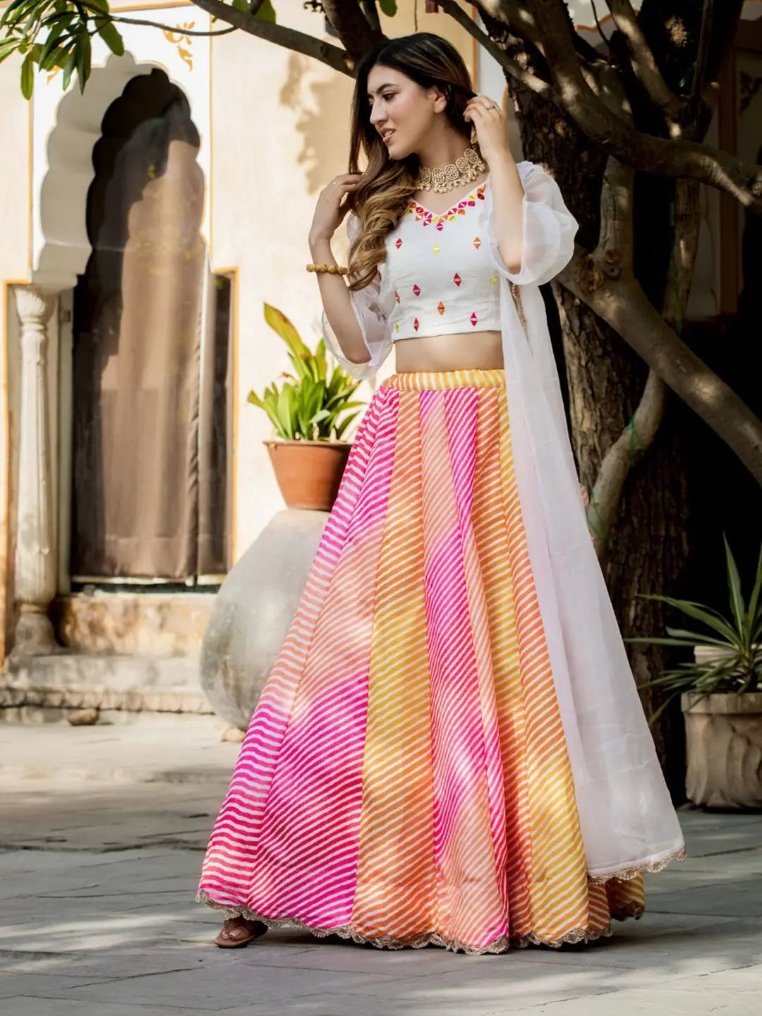 Multi color Organza Lehenga Digital Print With Pearl And Real Mirror Work Blouse