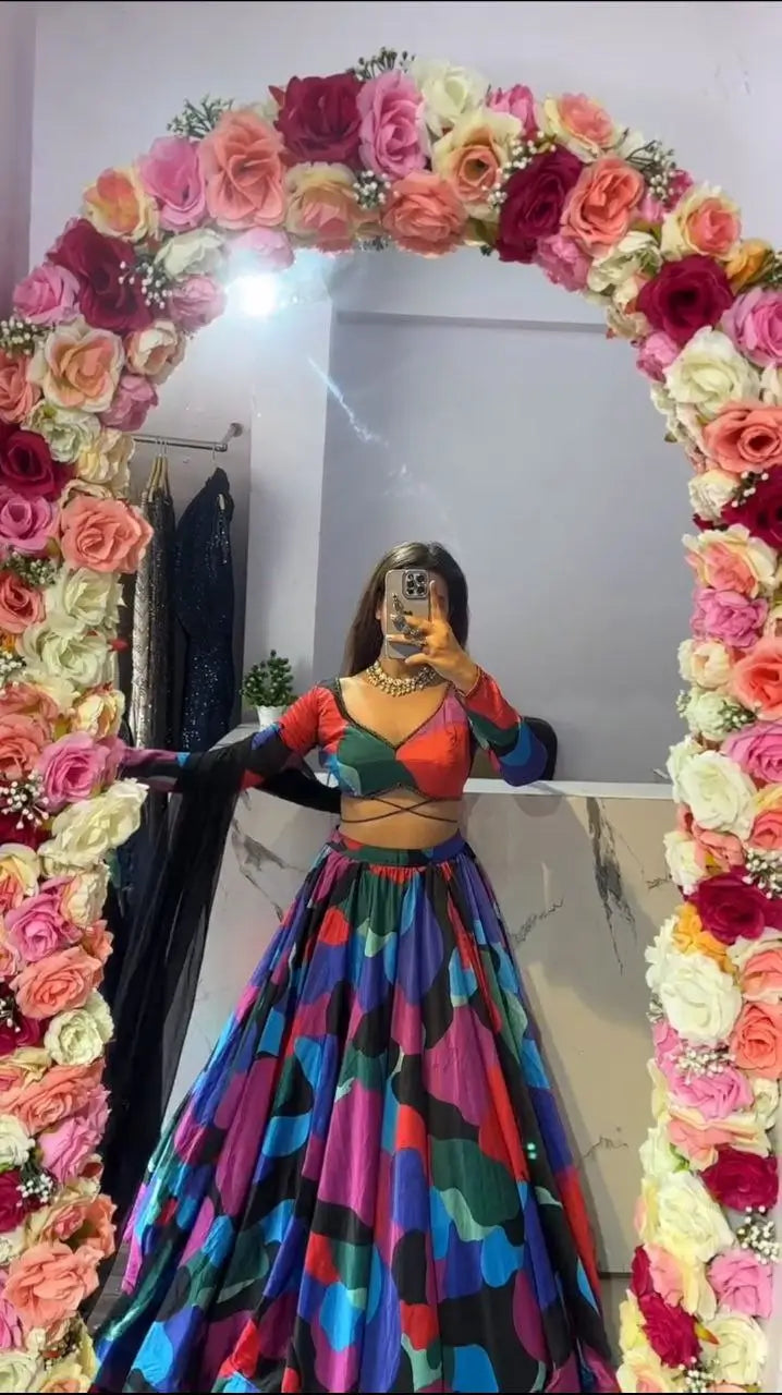 Multi Color Pink Chinon Silk Lehenga With Beautiful Digital Print With Plain Dupatta