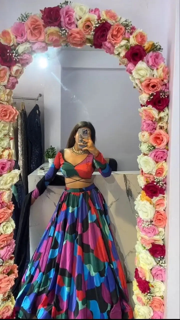 Multi Color Pink Chinon Silk Lehenga With Beautiful Digital Print With Plain Dupatta
