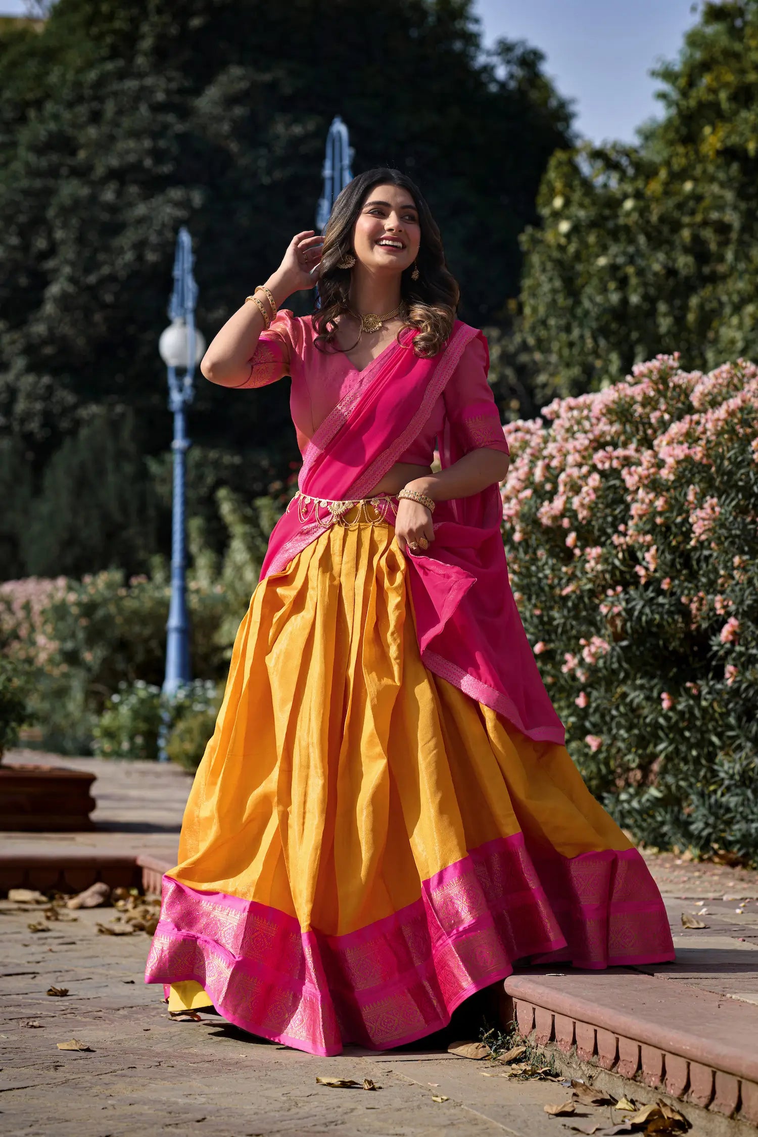 Mustard Kanchipuram Zari Weaving Work Lehenga Choli