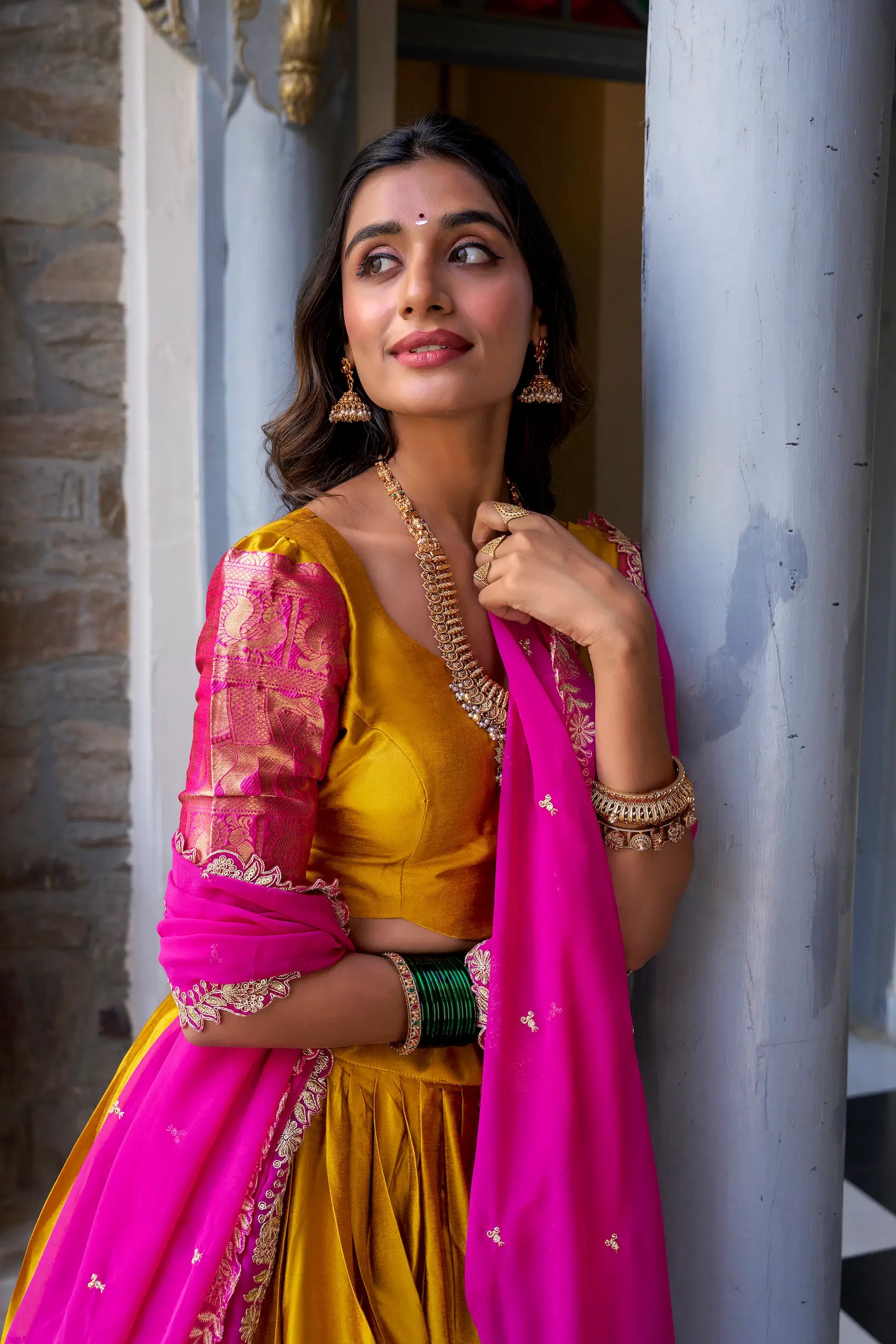 Mustard South Indian Lehenga choli With Zari Weaving Work & Sequins Embroidery