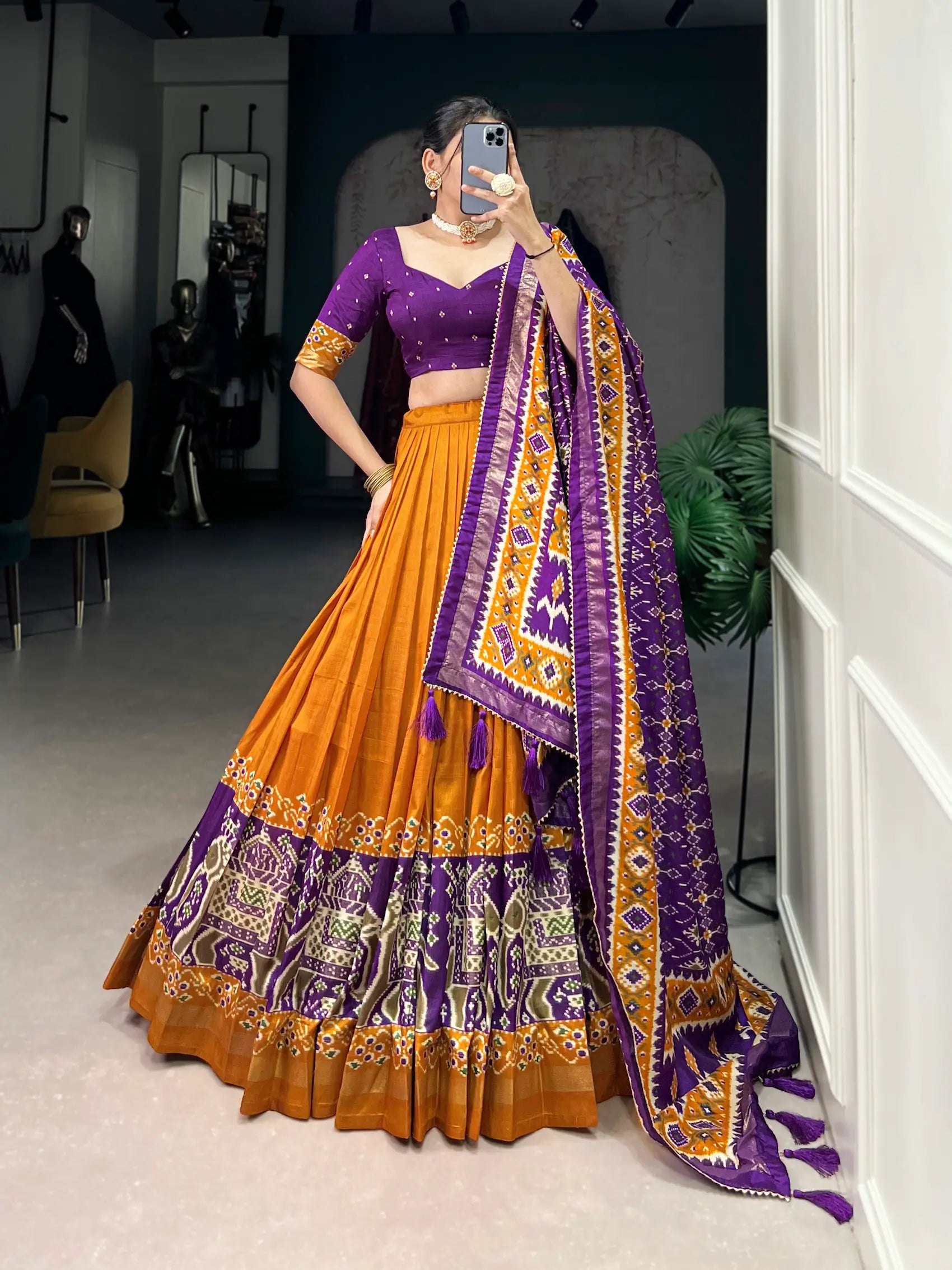 Mustard Tussar Silk Patola Print And Foil Work Lehenga Choli