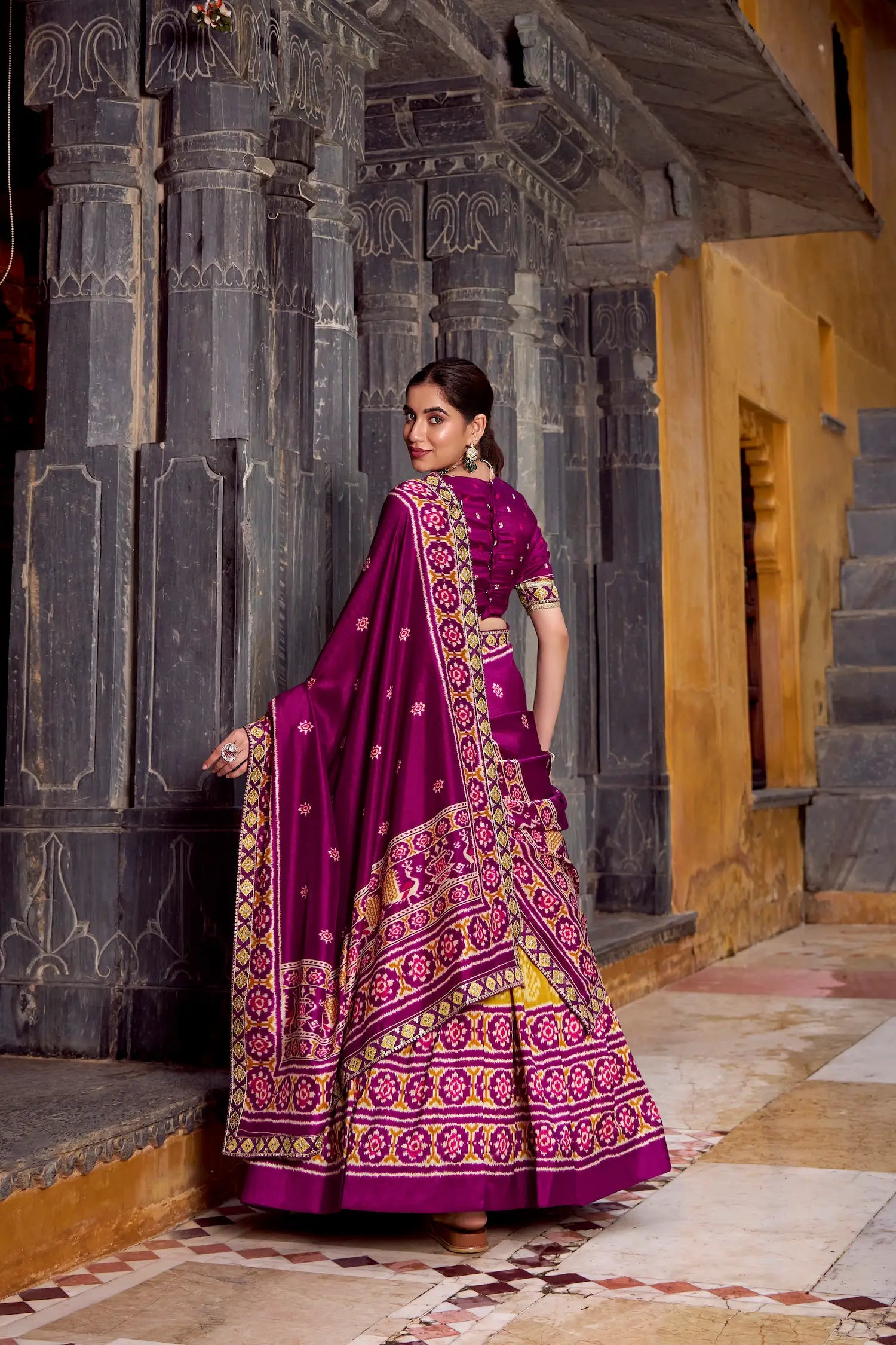 Mustard Yellow Tussar Silk Ikkat Printed Lehenga Choli