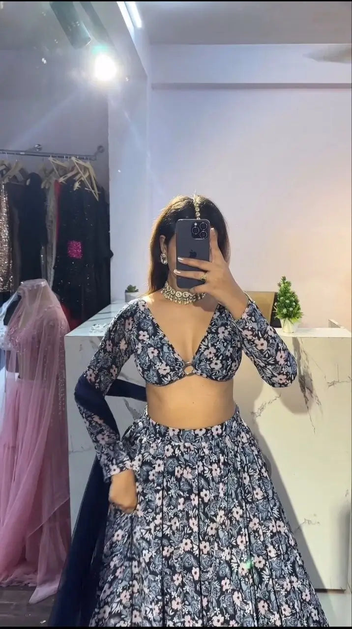 Navy Blue Chinon Silk Lehenga With Floral Digital Print And Dupatta