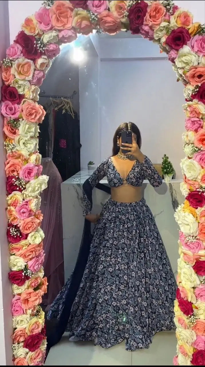 Navy Blue Chinon Silk Lehenga With Floral Digital Print And Dupatta