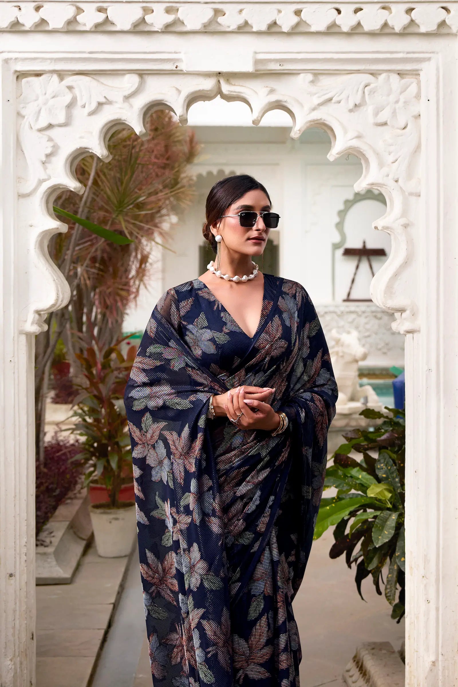 Navy Blue Floral Lurex Brasso Saree