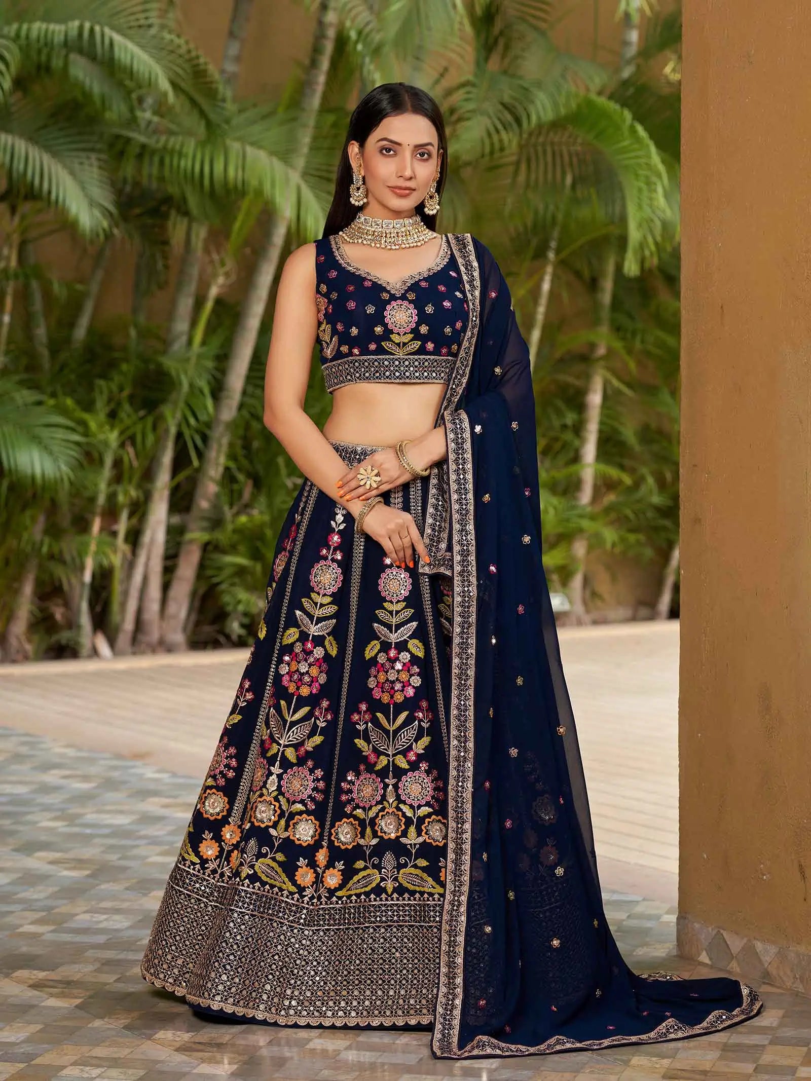 Navy Blue Georgette Lehenga With Multi Color Thread Zari Dori And Sequins Embroidery Work