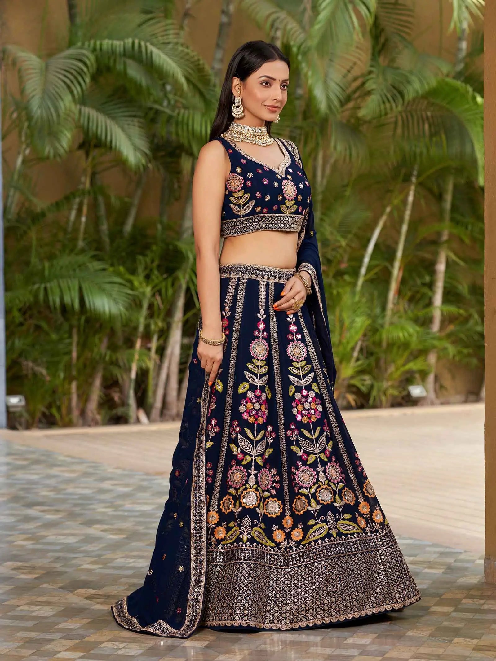 Navy Blue Georgette Lehenga With Multi Color Thread Zari Dori And Sequins Embroidery Work