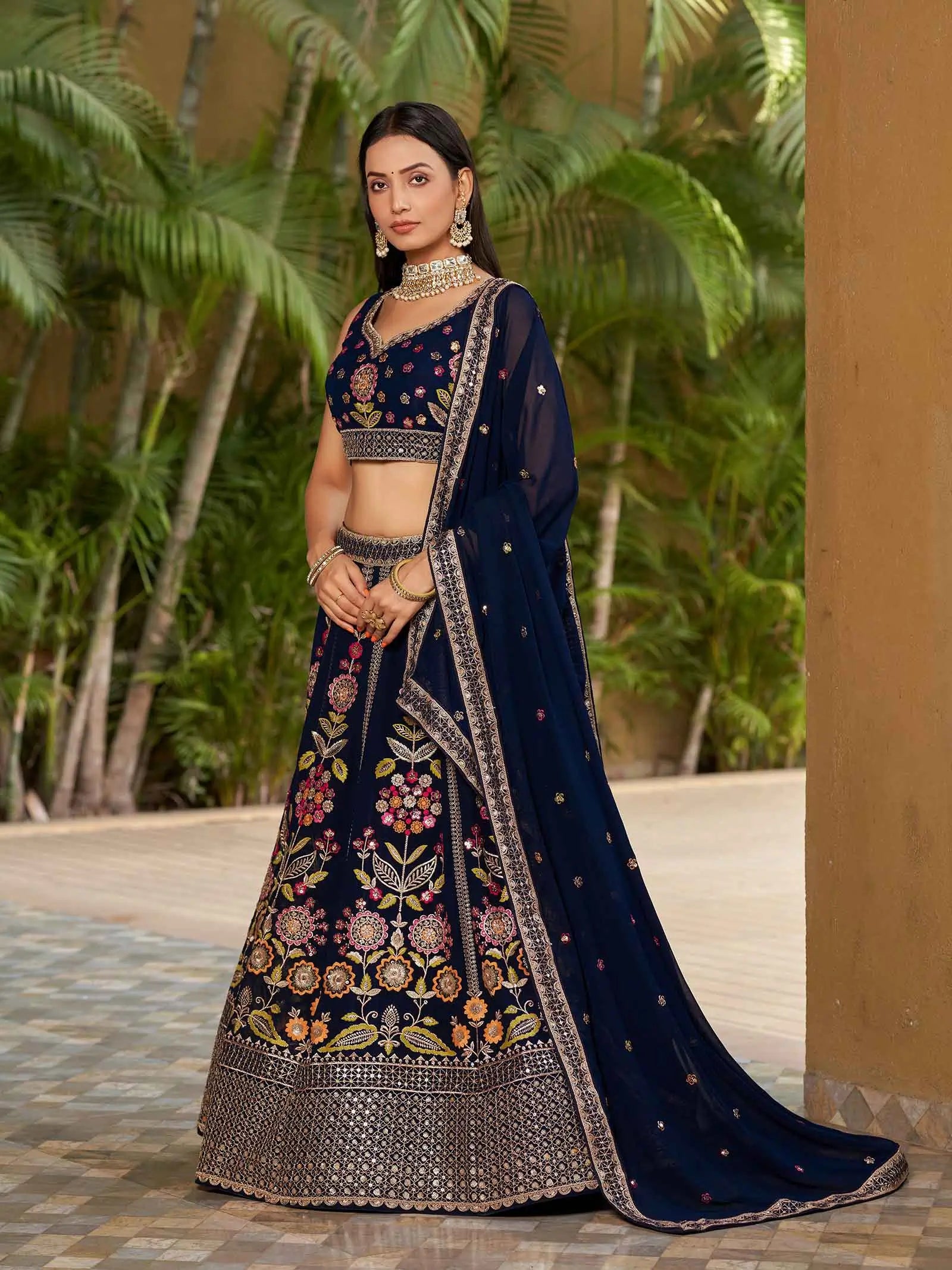 Navy Blue Georgette Lehenga With Multi Color Thread Zari Dori And Sequins Embroidery Work