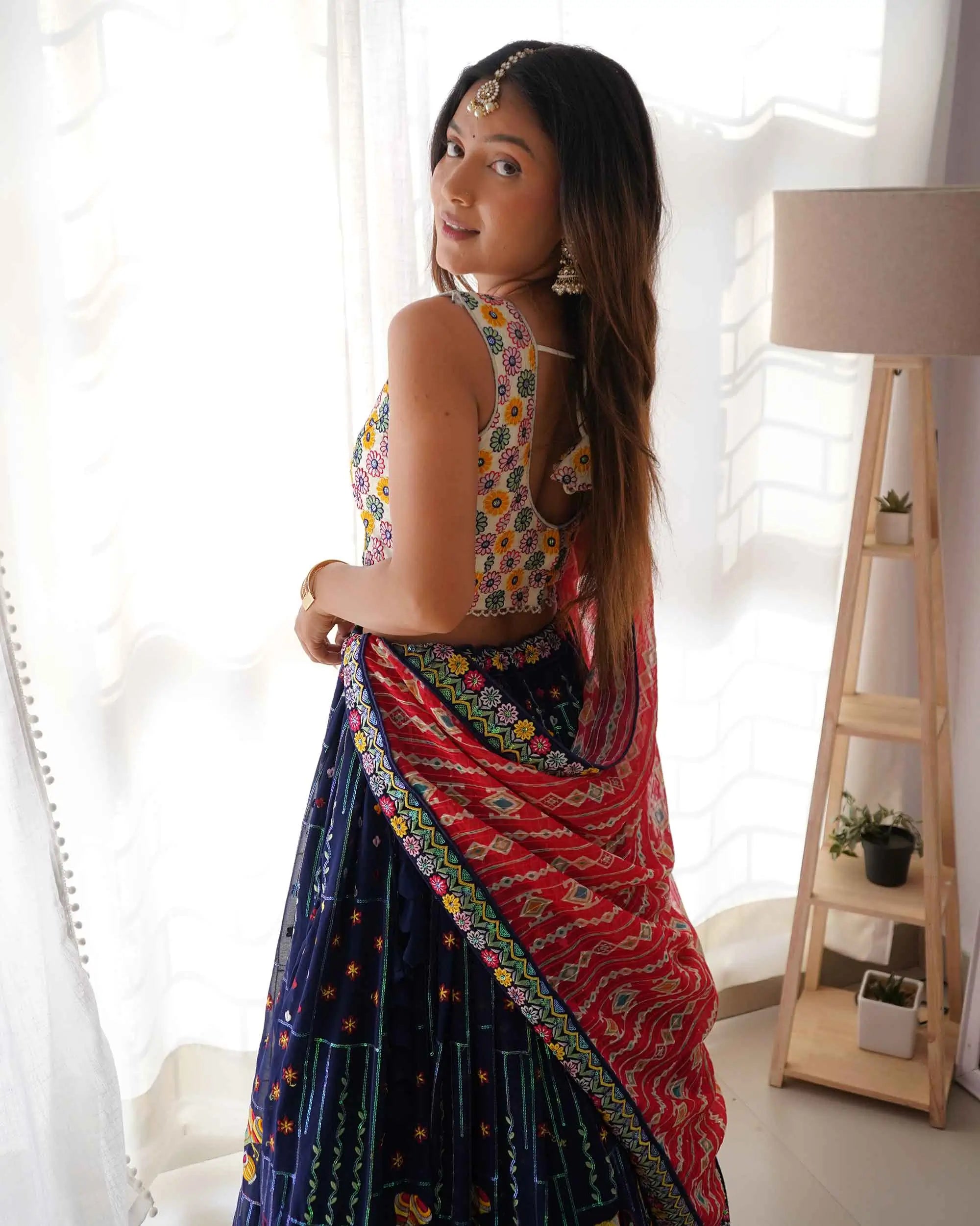Navy Blue Georgette Thread Embroidery & Sequins Work Lehenga