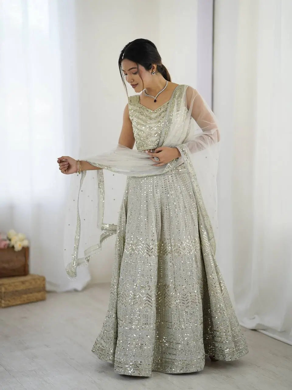 Off White Georgette Lehenga Choli With Sequins & Dori Work