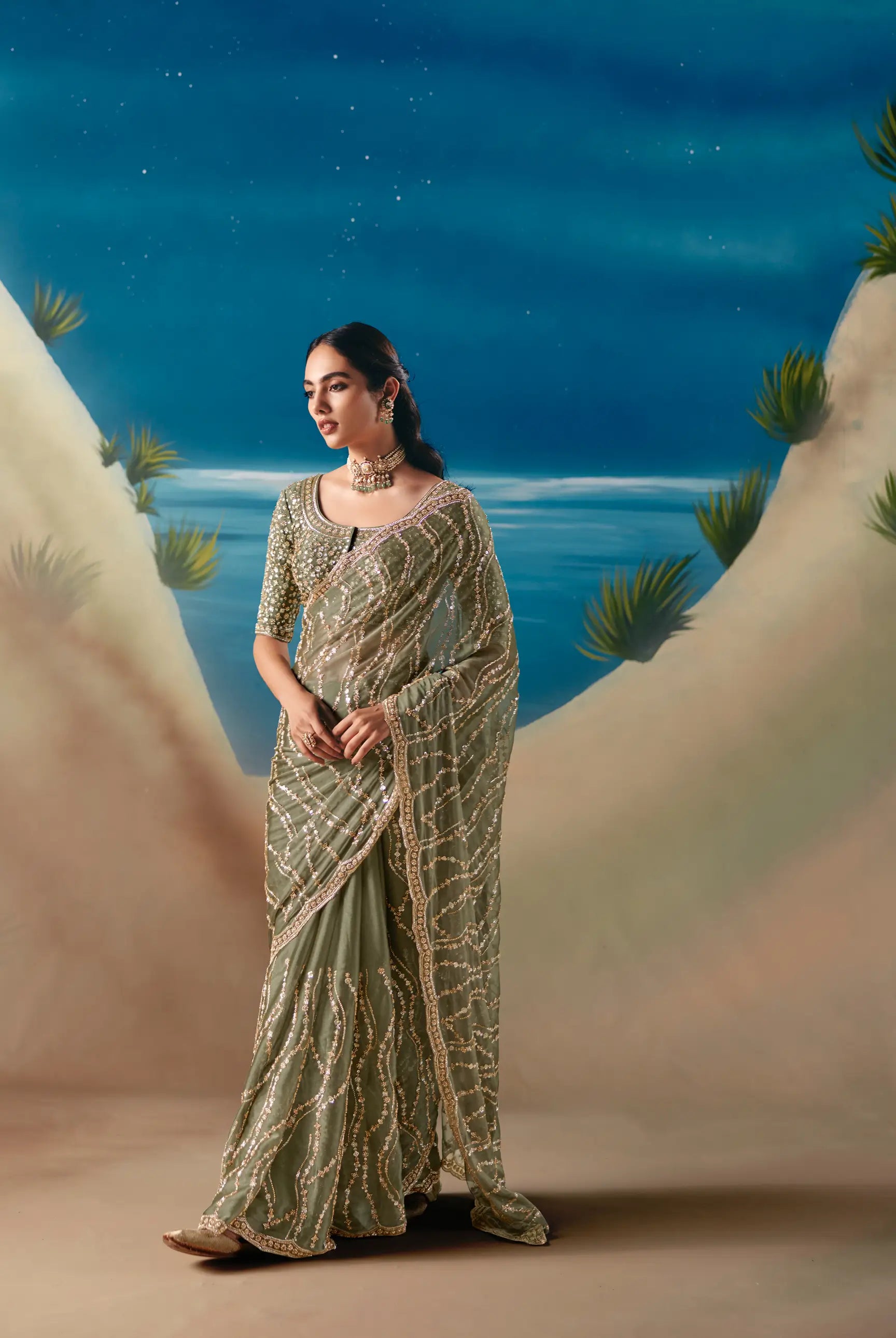 Olive Green Satin Organza Heavy Embroidery Saree
