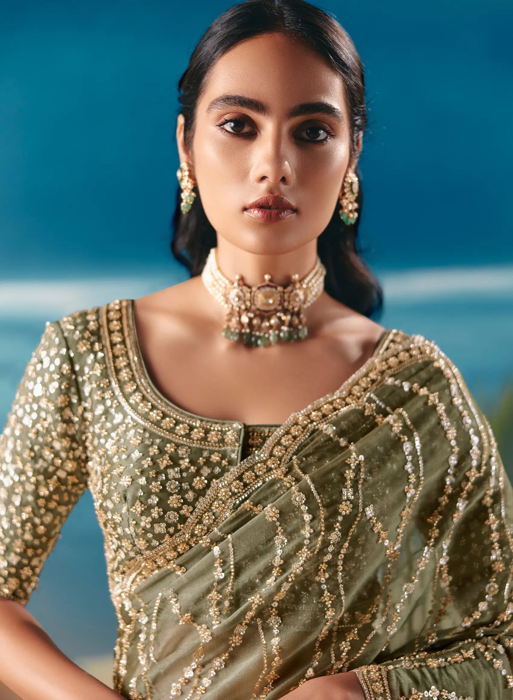 Olive Green Satin Organza Heavy Embroidery Saree
