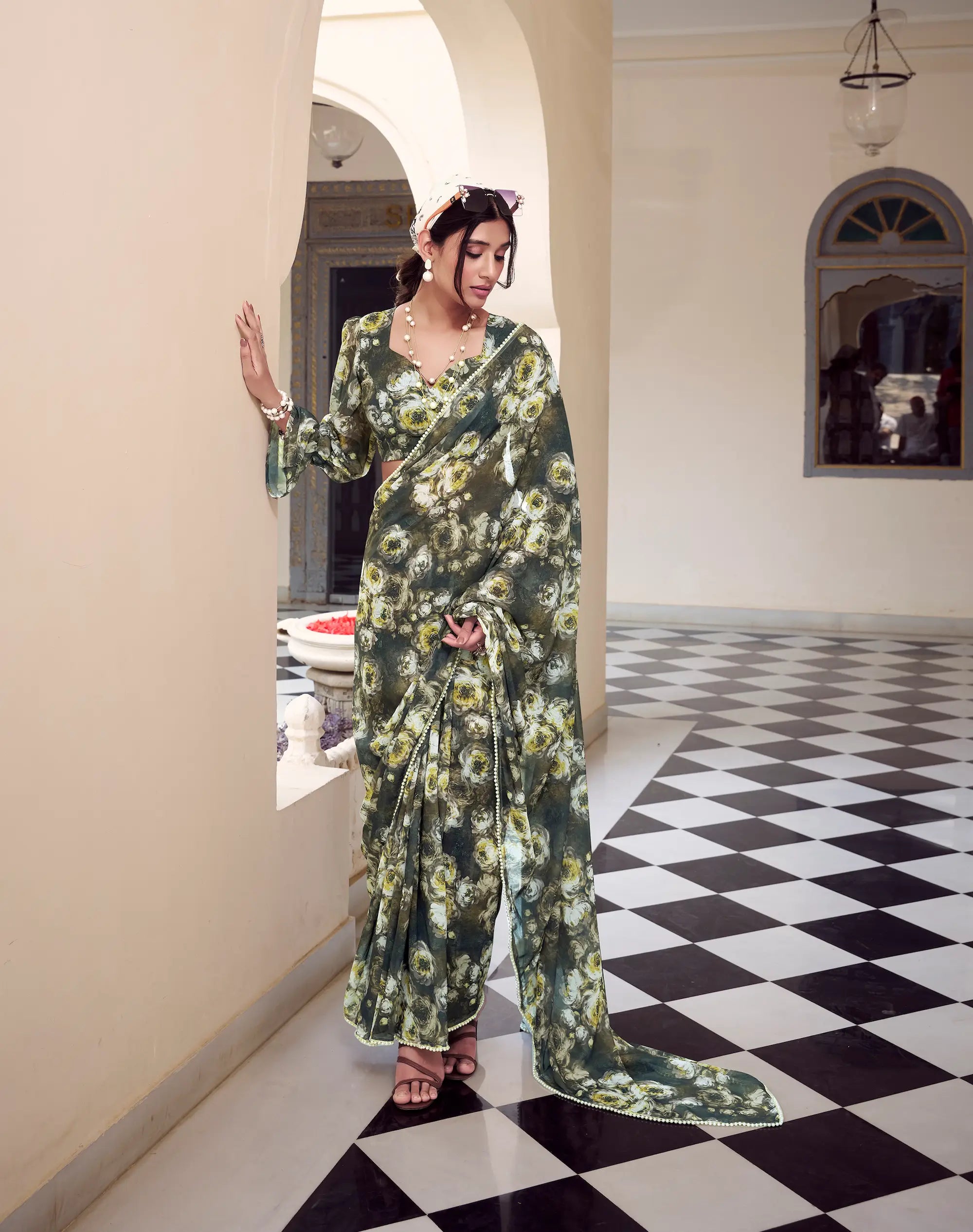 Olive Green Weightless Marbal Saree With Pearl Lace Border & Floral Print