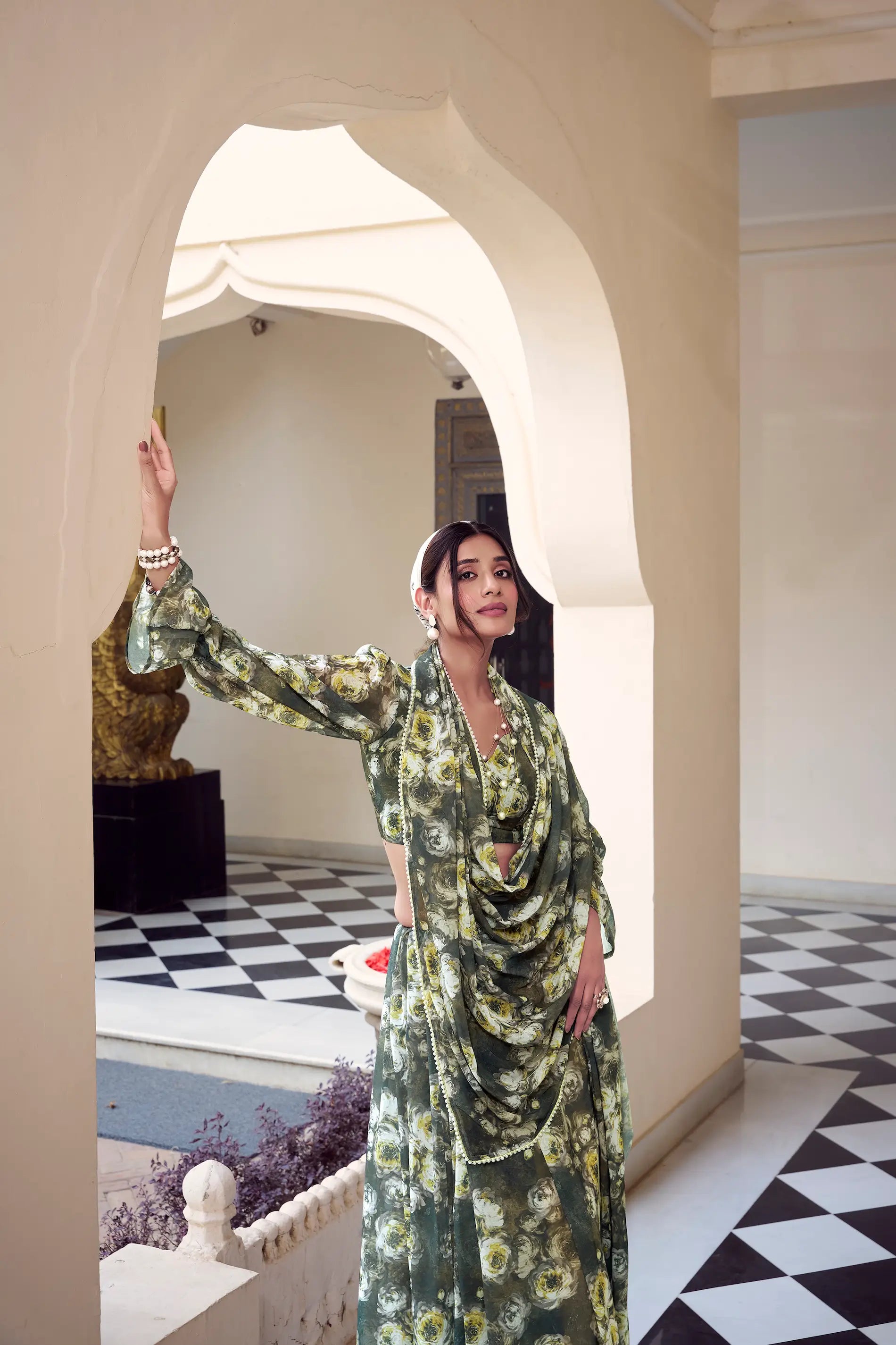 Olive Green Weightless Marbal Saree With Pearl Lace Border & Floral Print