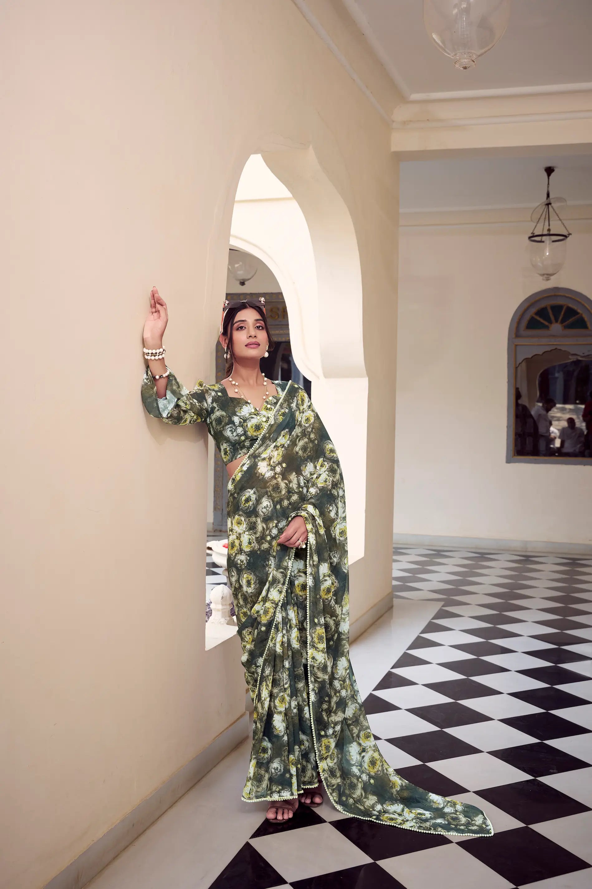 Olive Green Weightless Marbal Saree With Pearl Lace Border & Floral Print