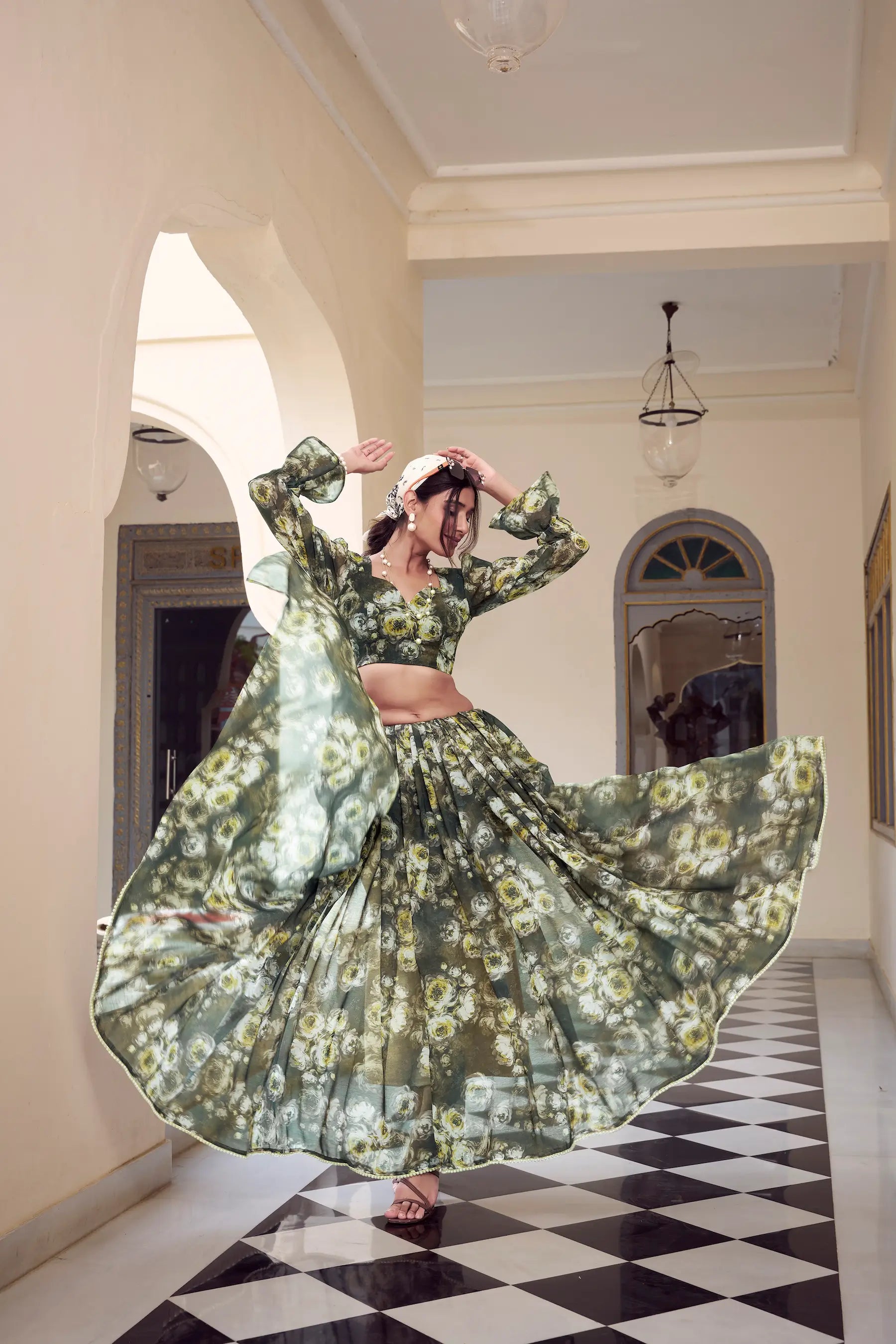 Olive Green Weightless Marbal Saree With Pearl Lace Border & Floral Print
