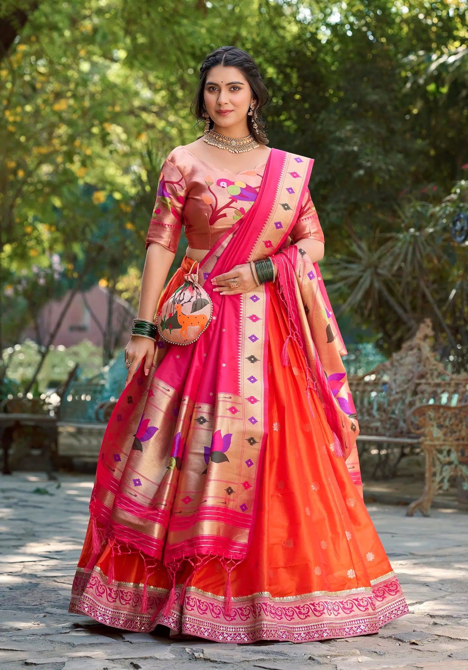 Orange Jacquard Silk Lehenga Choli With Zari Weaving Work