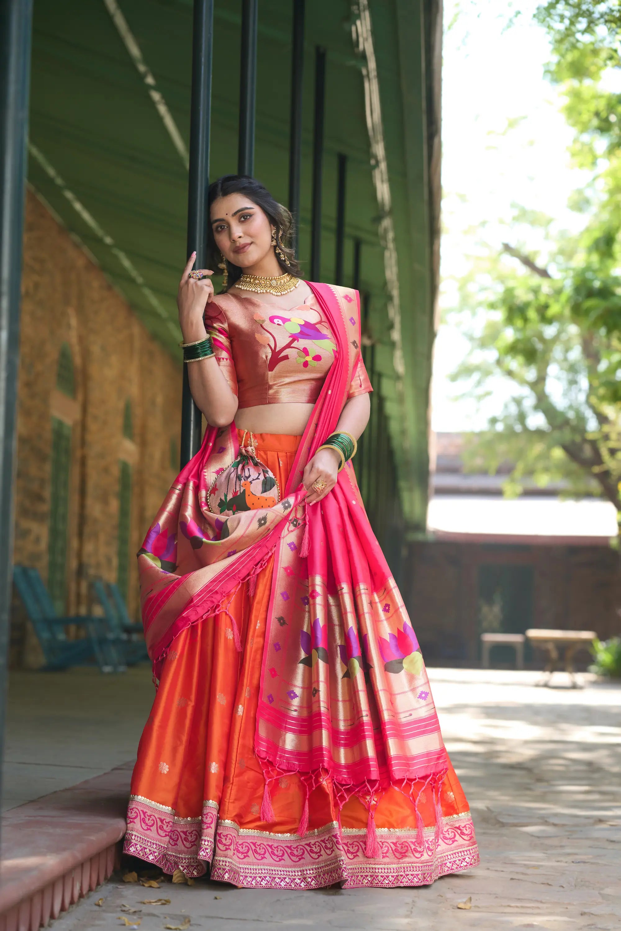 Orange Jacquard Silk Lehenga Choli With Zari Weaving Work