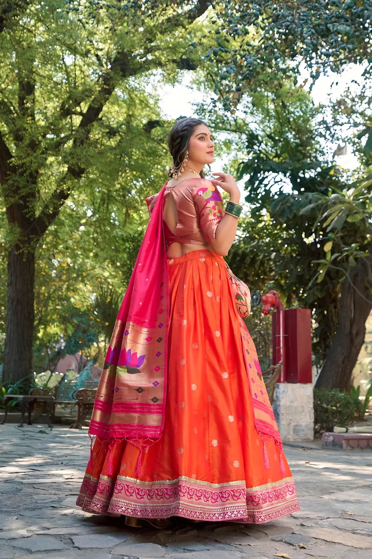 Orange Jacquard Silk Lehenga Choli With Zari Weaving Work