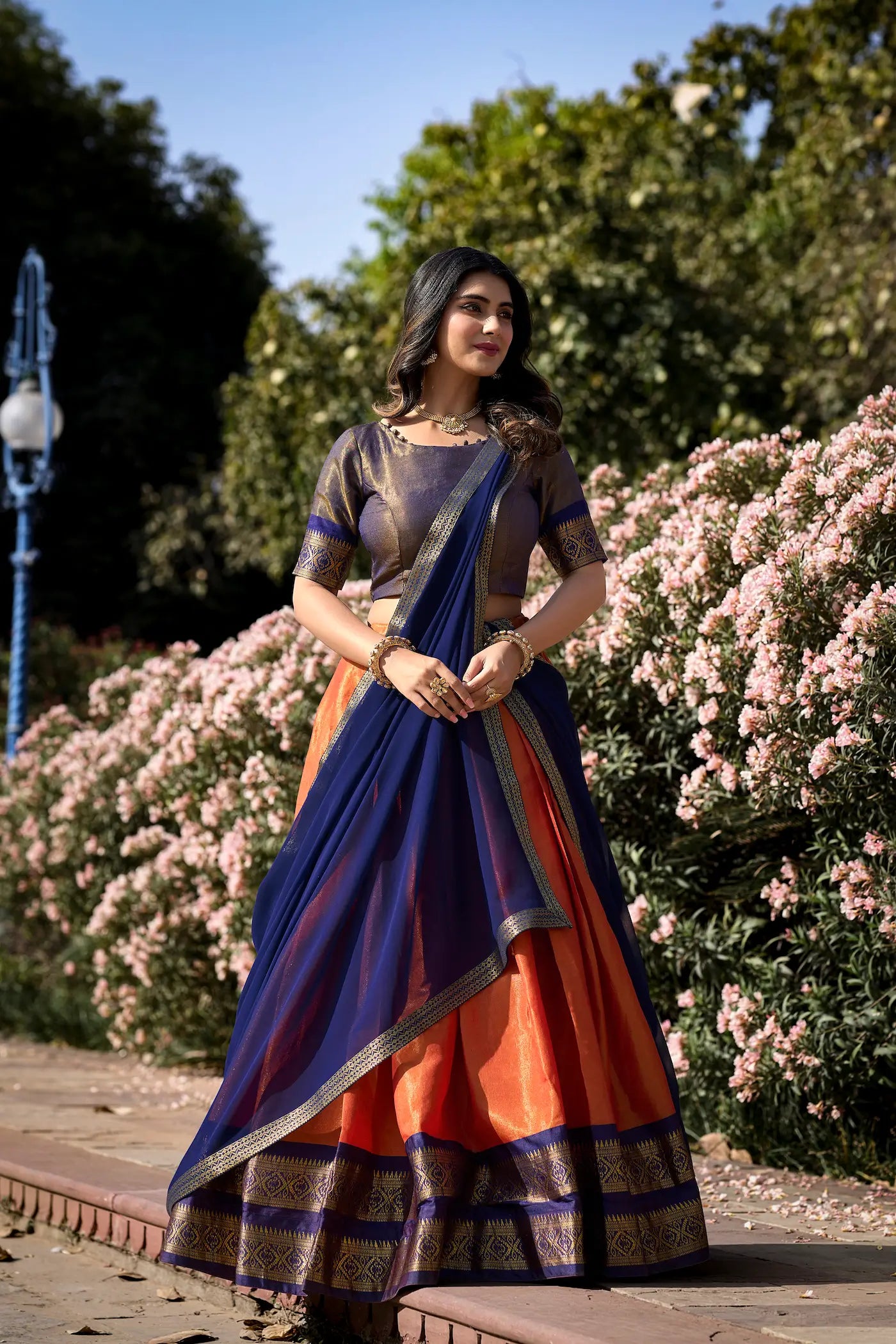 Orange Kanchipuram Zari Weaving Work Lehenga Choli