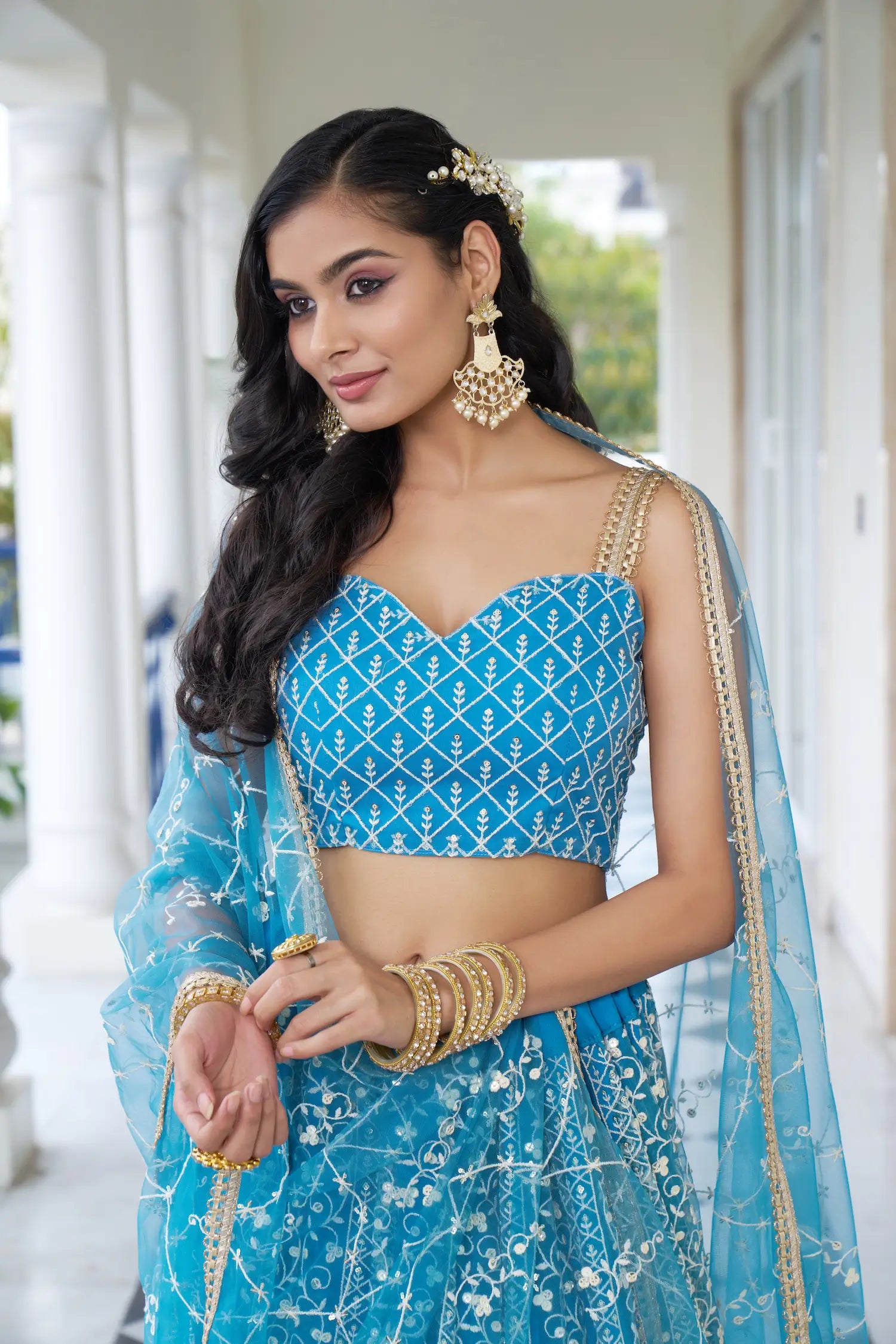 Pacific Blue Net Lehenga Choli With Cotton Thread Work & Sequence Embroidery Work