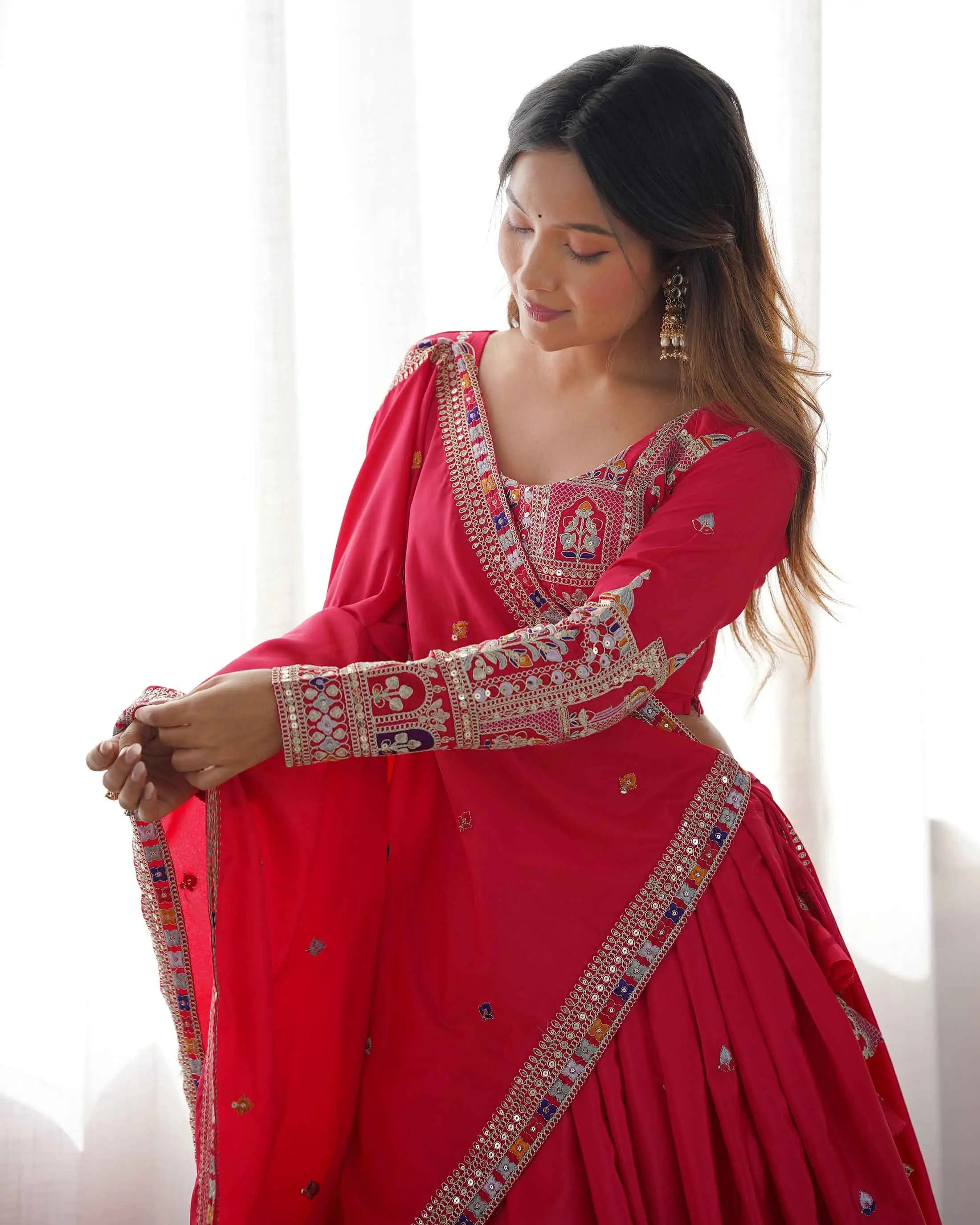 Paprika Red Cording Dori Embroidery Work Lehenga With Dupatta