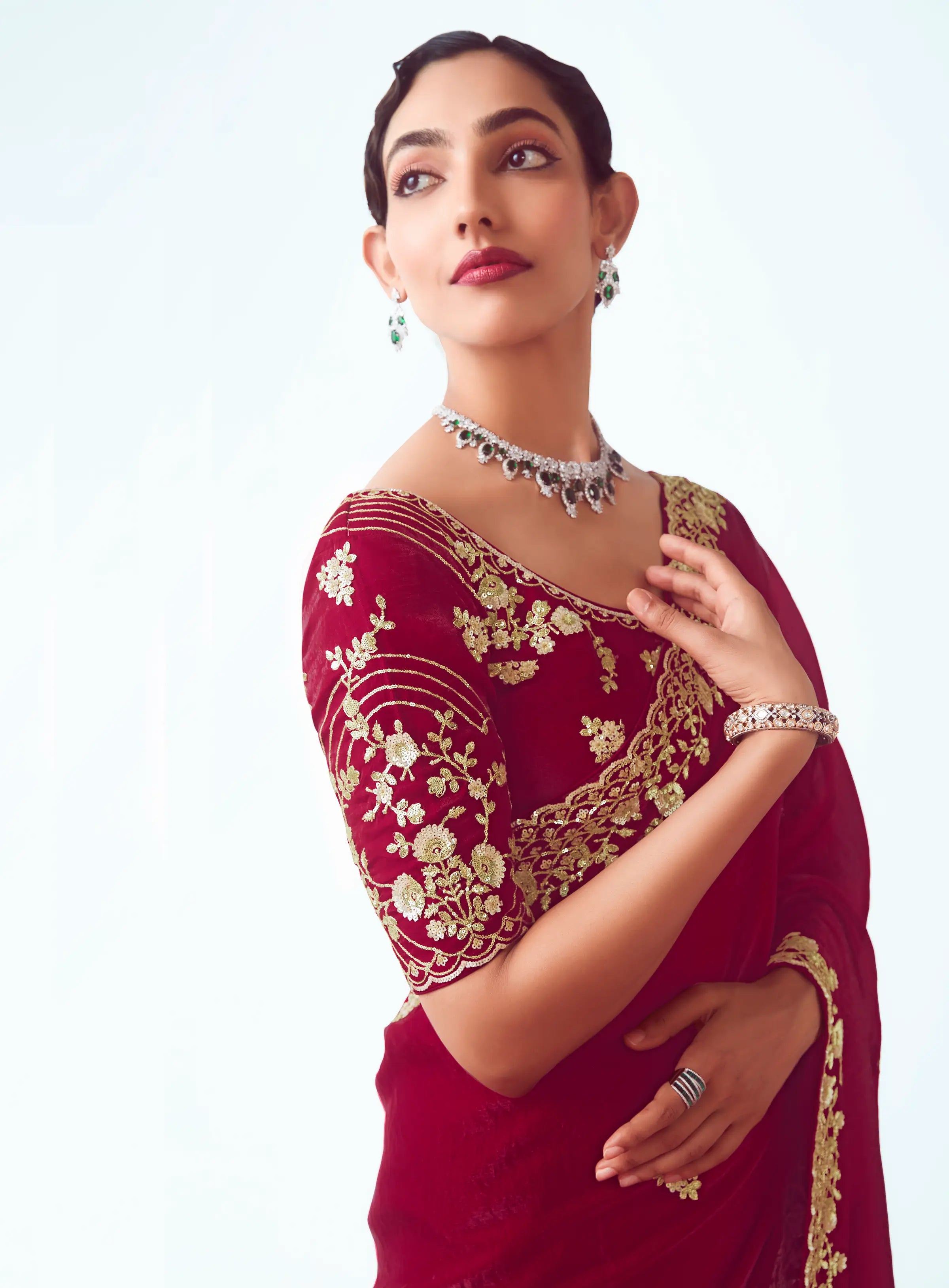 Paprika Red Party Wear Saree With Embroidery & Hand Work