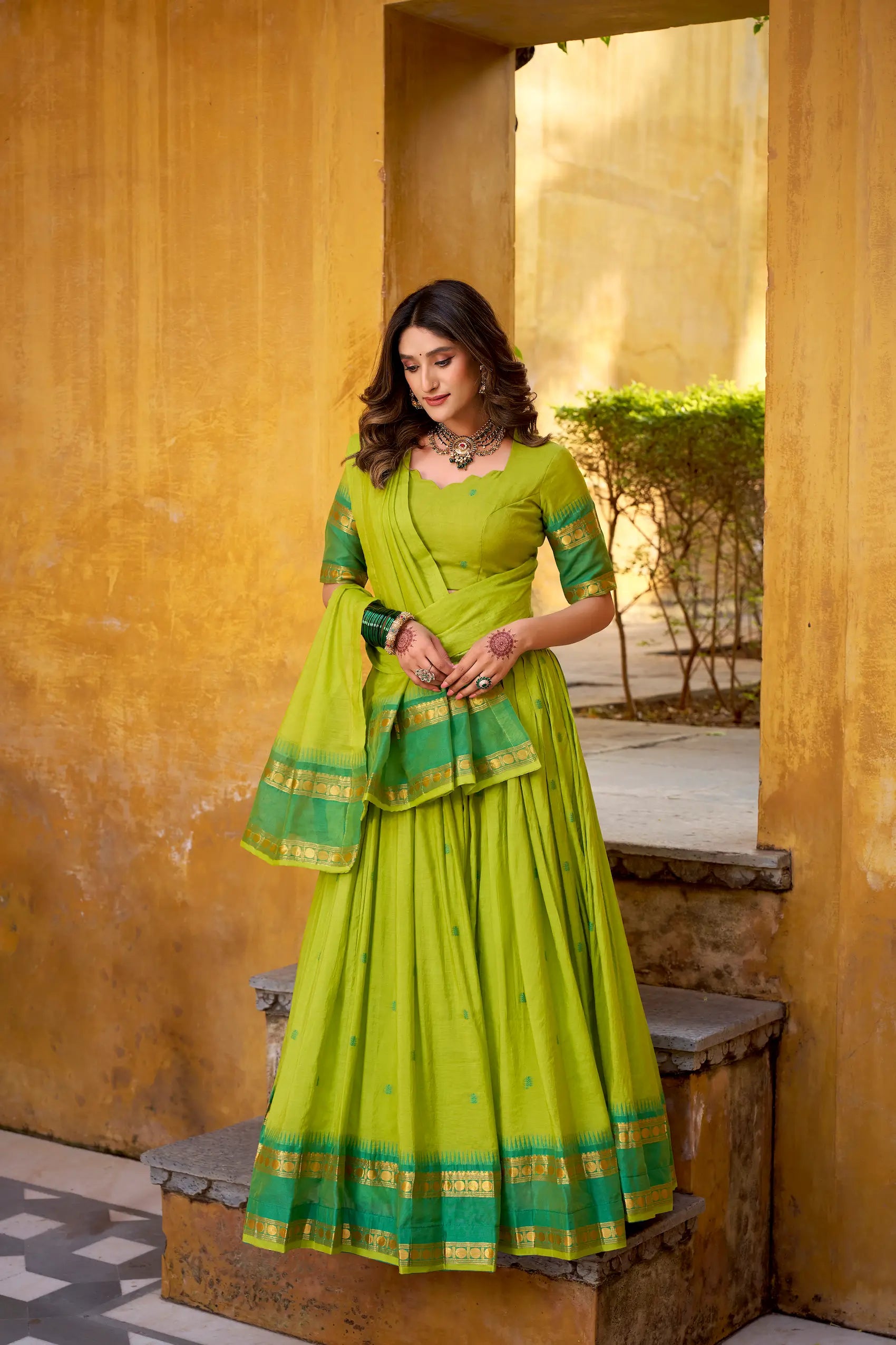 Parrot Green Chanderi Zari Weaving Lehenga Choli