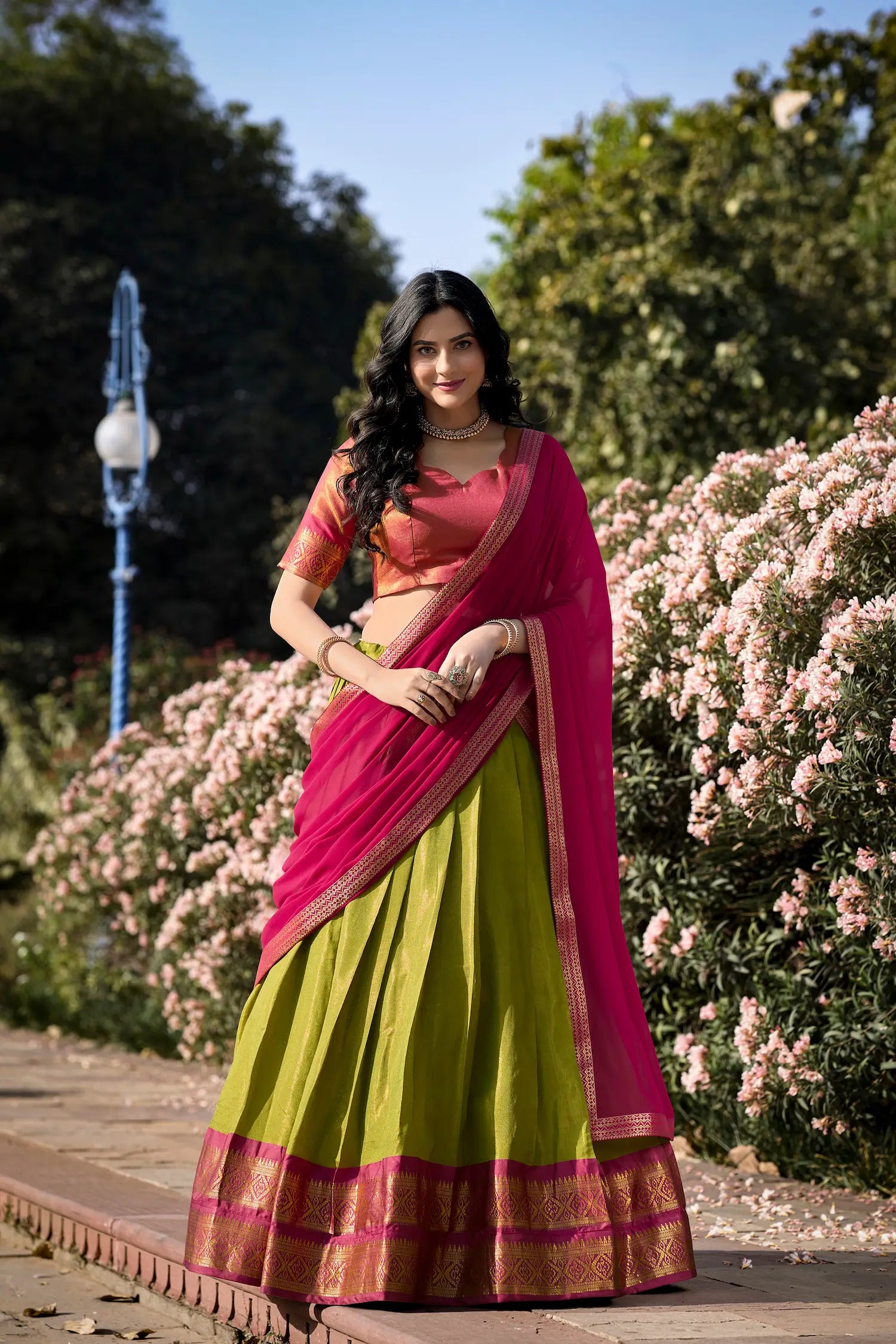 Parrot Green Kanchipuram Zari Weaving Work Lehenga Choli
