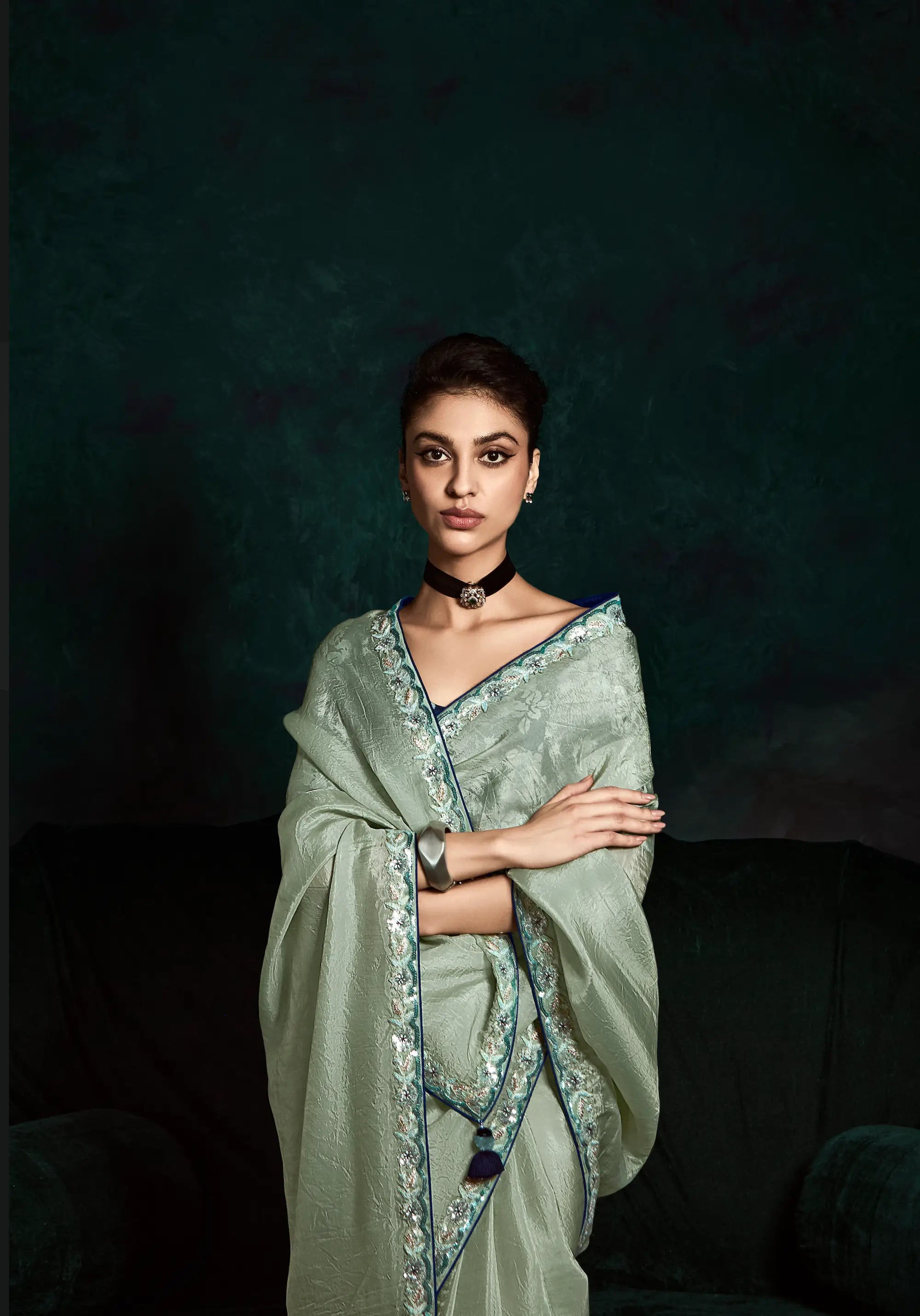 Pastel Grey Glass Organza Saree With Digital Print, Sequence & Thread Embroidery Work