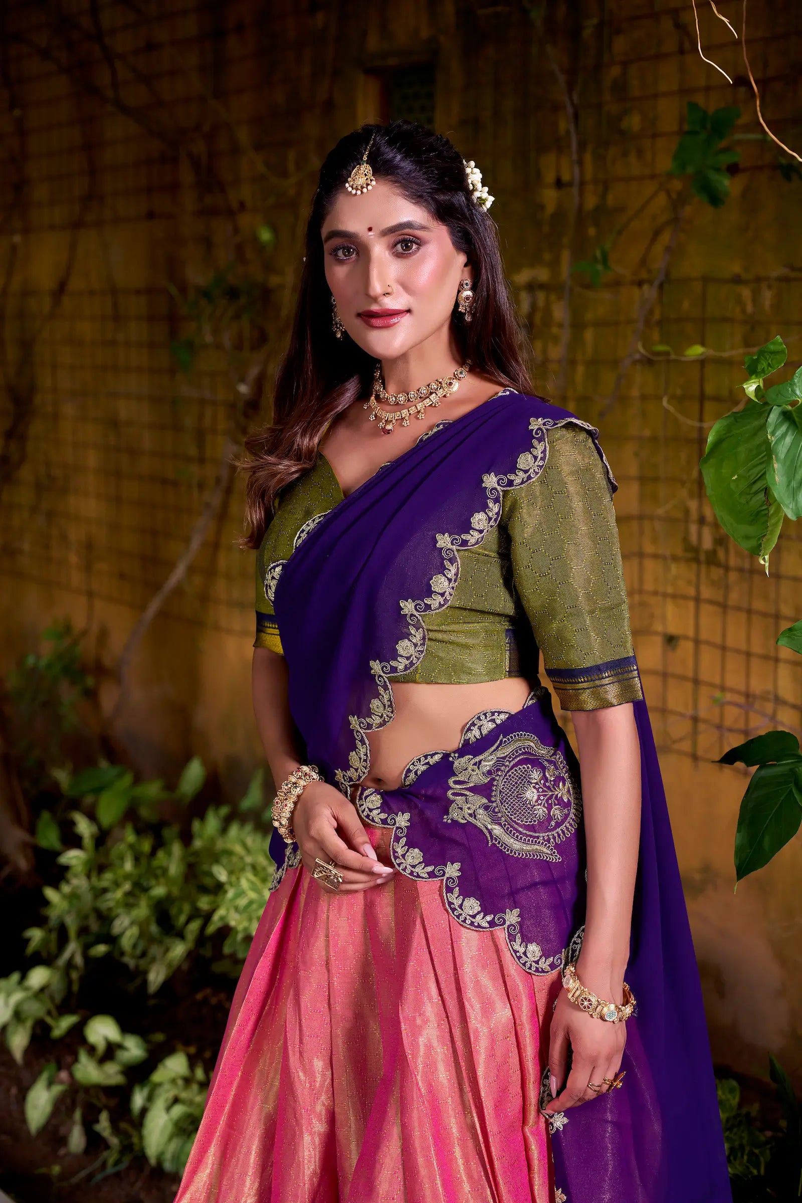 Peach Pink Kanchipuram Zari Weaving Work Lehenga Choli