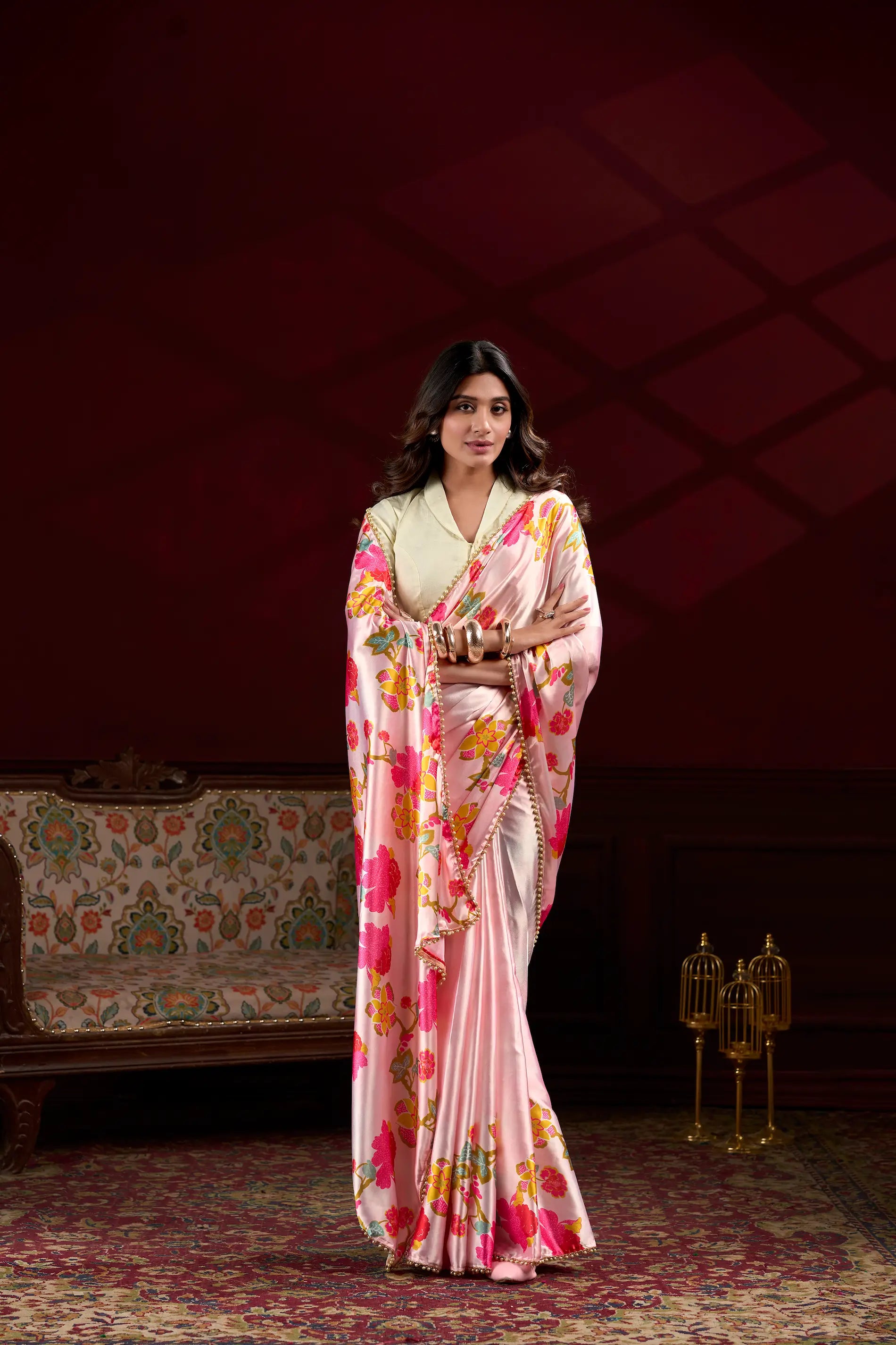 Peach Pink Satin Silk Floral Saree