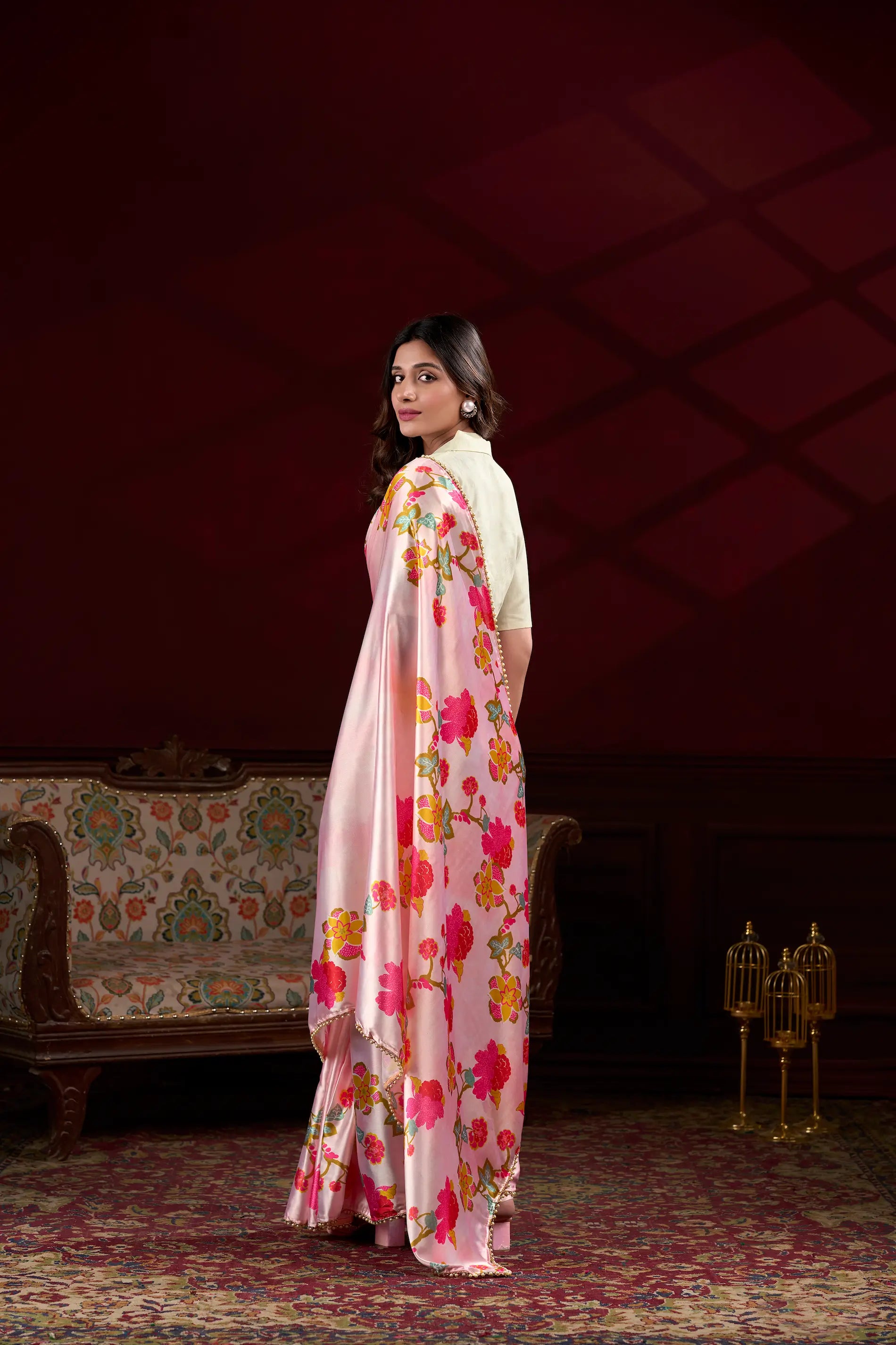 Peach Pink Satin Silk Floral Saree