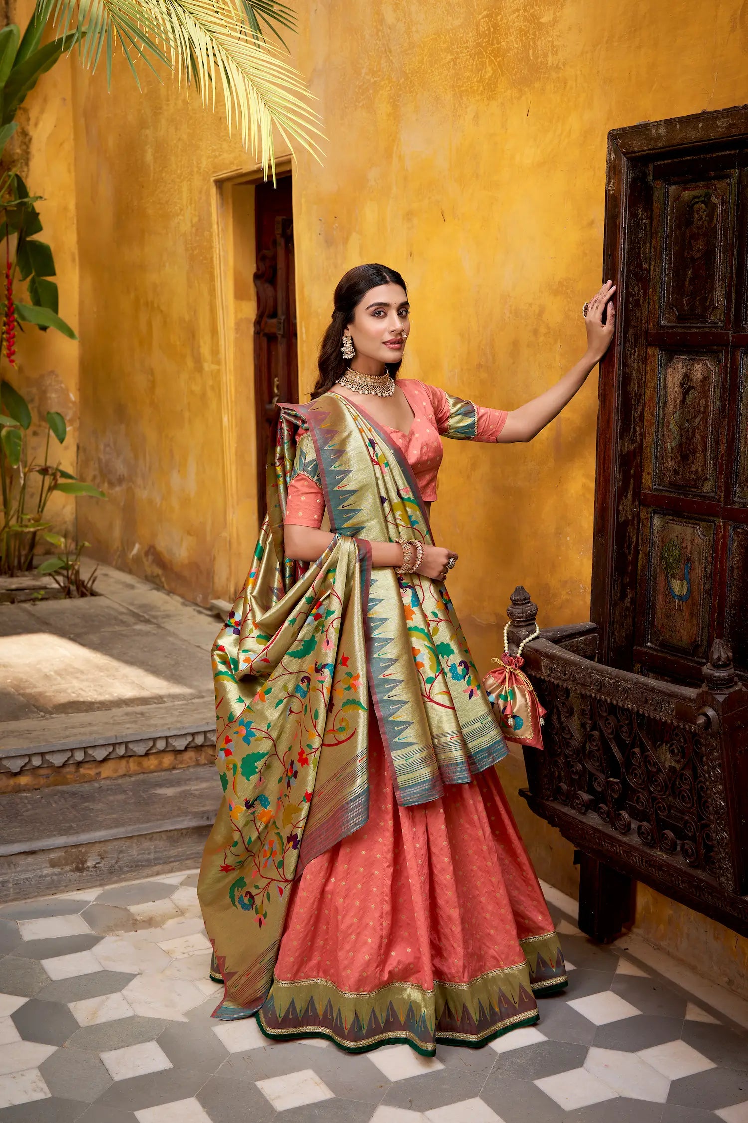 Peach Pink Zari Weaving Paithani Lehenga Choli