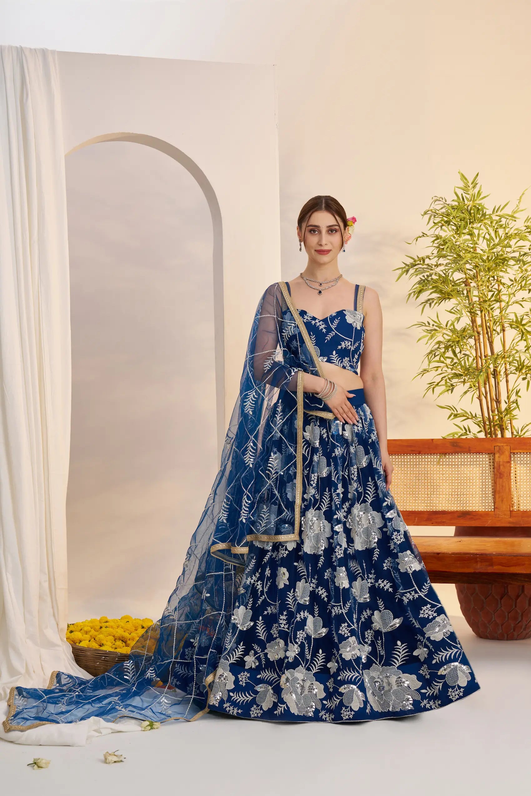 Peacock Blue Net Lehenga Choli With Embroidery Work