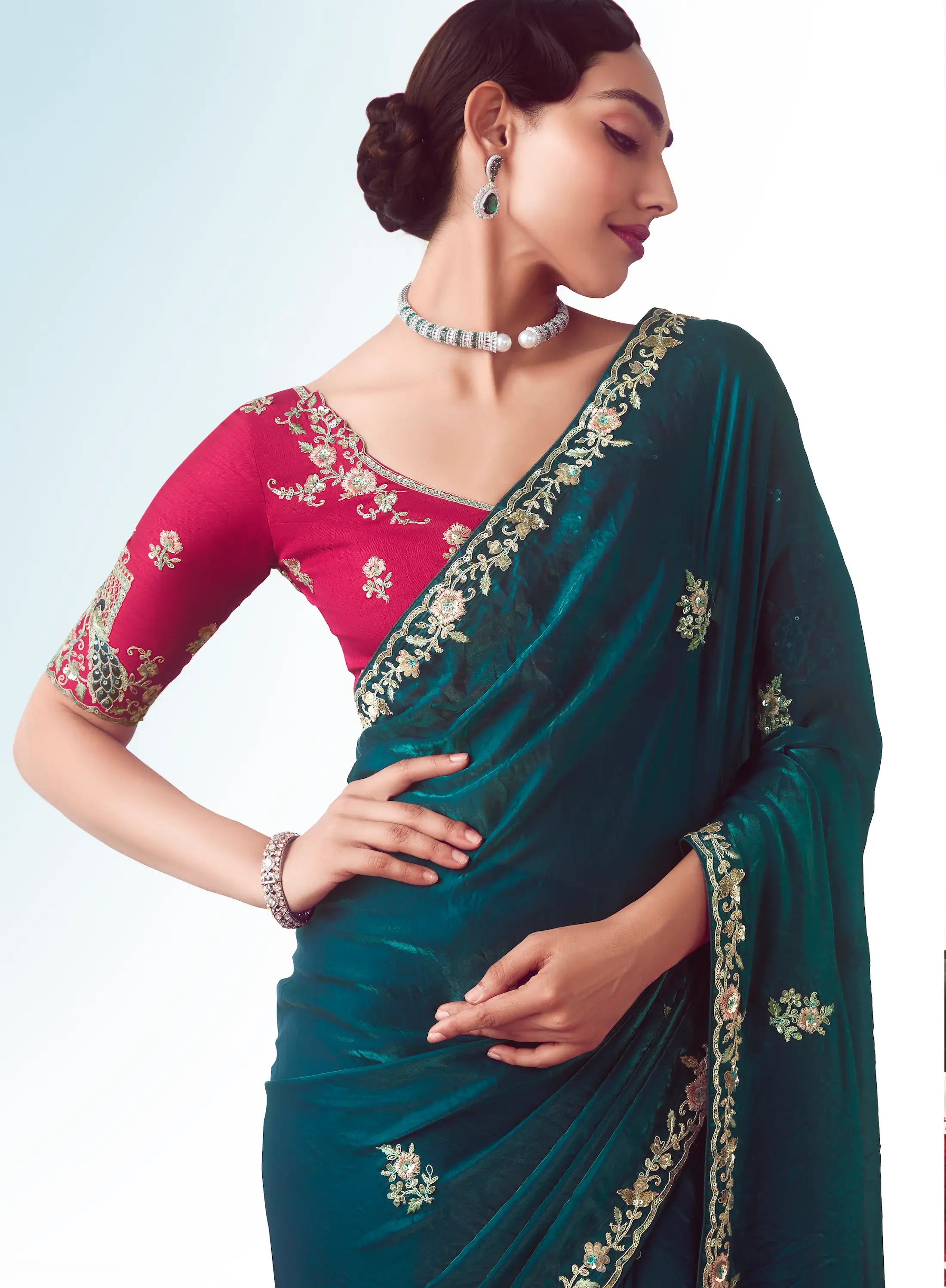 Peacock Blue Party Wear Saree With Embroidery & Hand Work