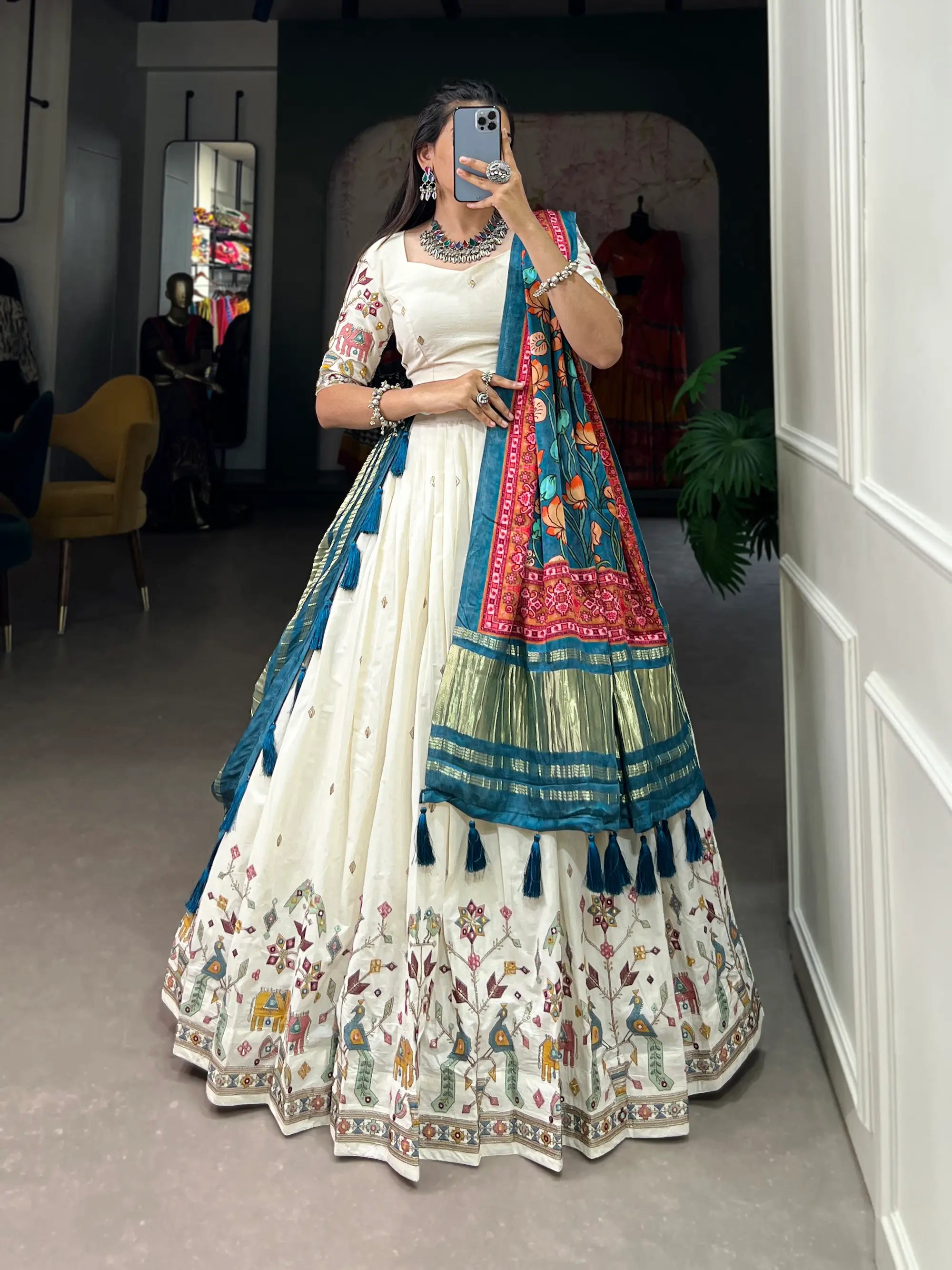 Pearl White Khadi Cotton Embroidery Lehenga Choli With Gaji Silk Dupatta