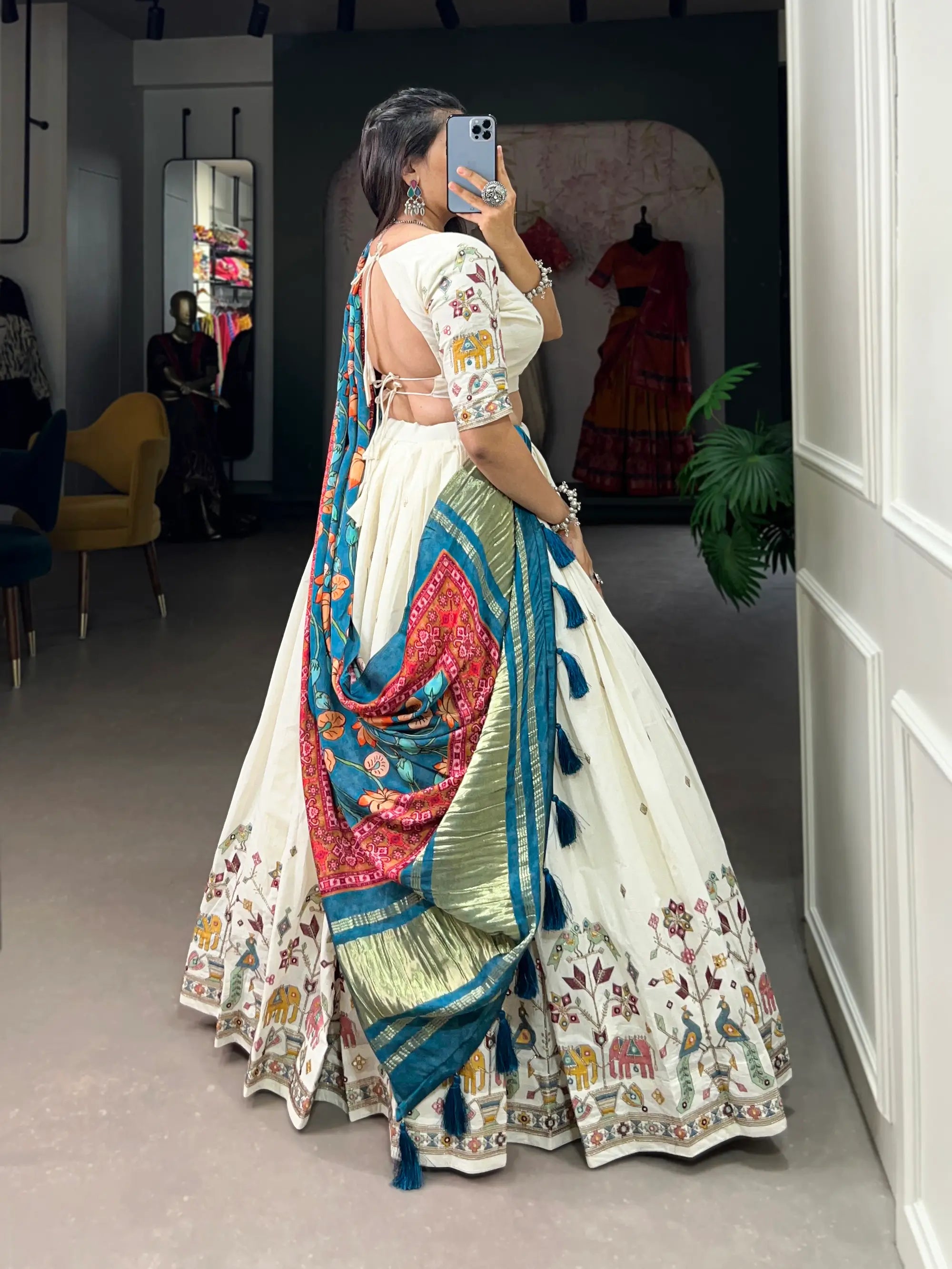 Pearl White Khadi Cotton Embroidery Lehenga Choli With Gaji Silk Dupatta